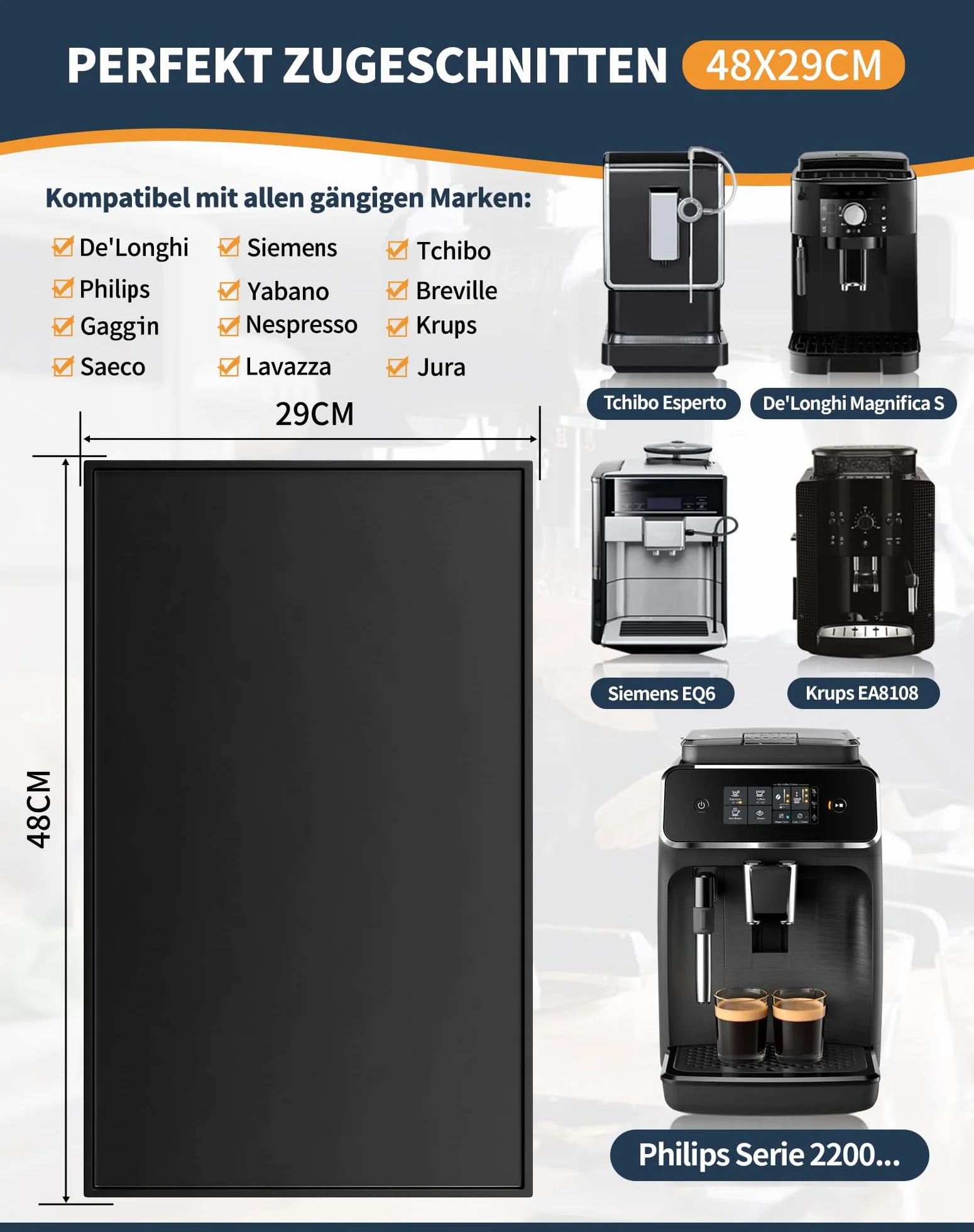 Silikonowa mata do ekspresu do kawy, podkładka pod robot kuchenny, 48 x 29 cm, silikonowa mata do kawy, kompatybilna z De Longhi Magnifica Philips LatteGo – antypoślizgowa i wodoszczelna