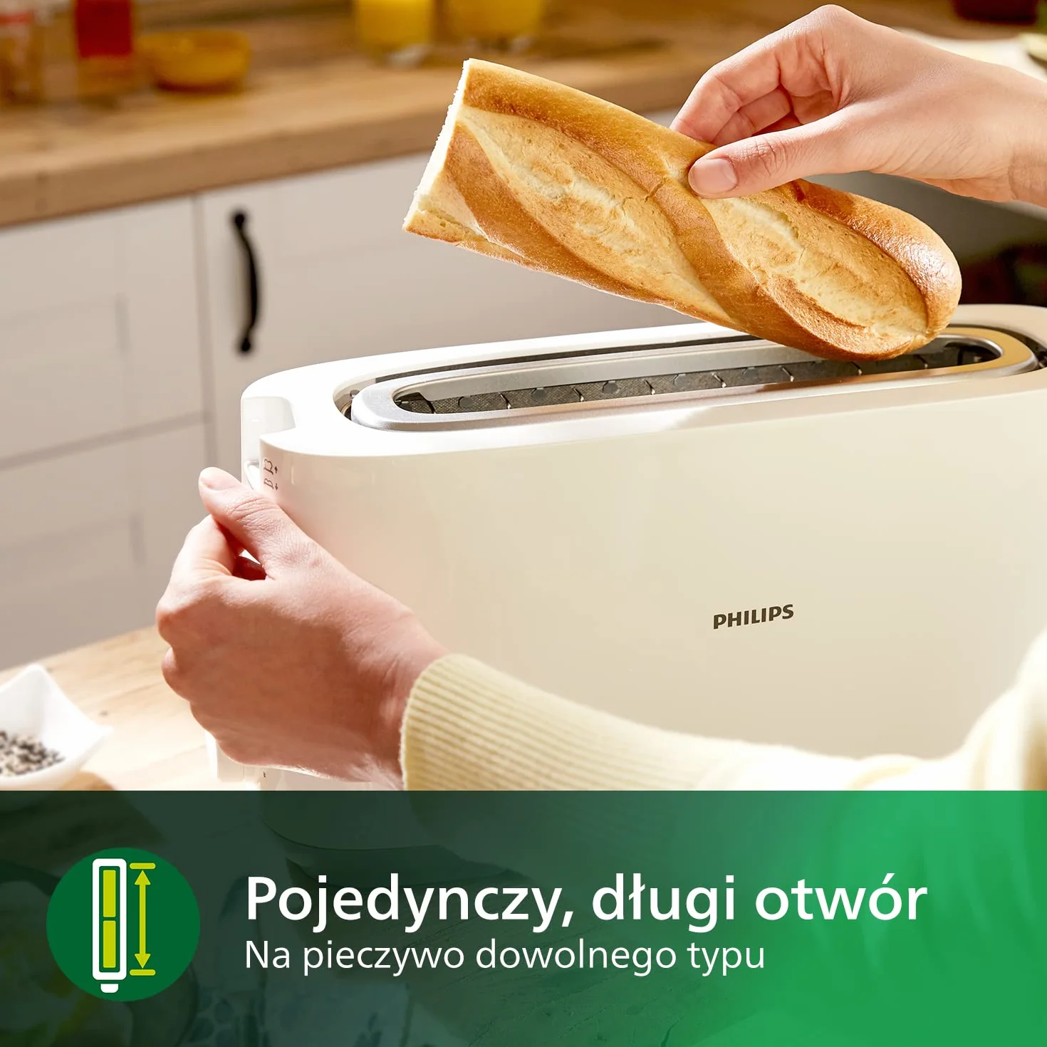 Philips Toster - Długi otwór, 8 Poziomów opiekania, Ruszt do bułek, Funkcja rozmrażania, Obudowa Cool Touch, Wysoki podnośnik, Automatyczne wyłączanie, Biały (HD2590/00)