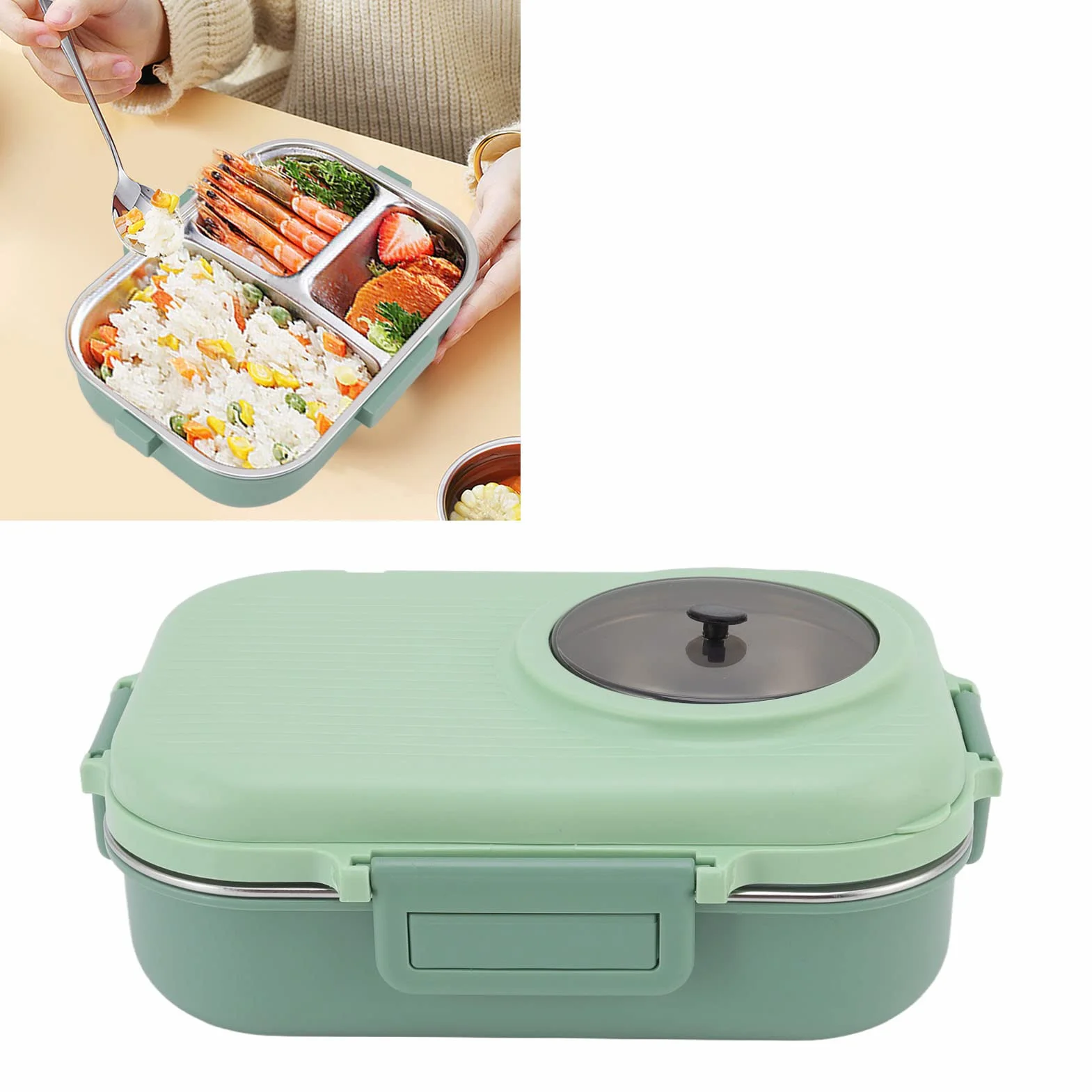 Bento Lunch Box, 1100ml Double Layer 3 Grid Design, 304 Thermal Lunch Box ze Stali Nierdzewnej z Pałeczkami Łyżka Miska na Zupę, Pojemnik na żywność dla Dzieci Studenci Dorośli(Zielony)