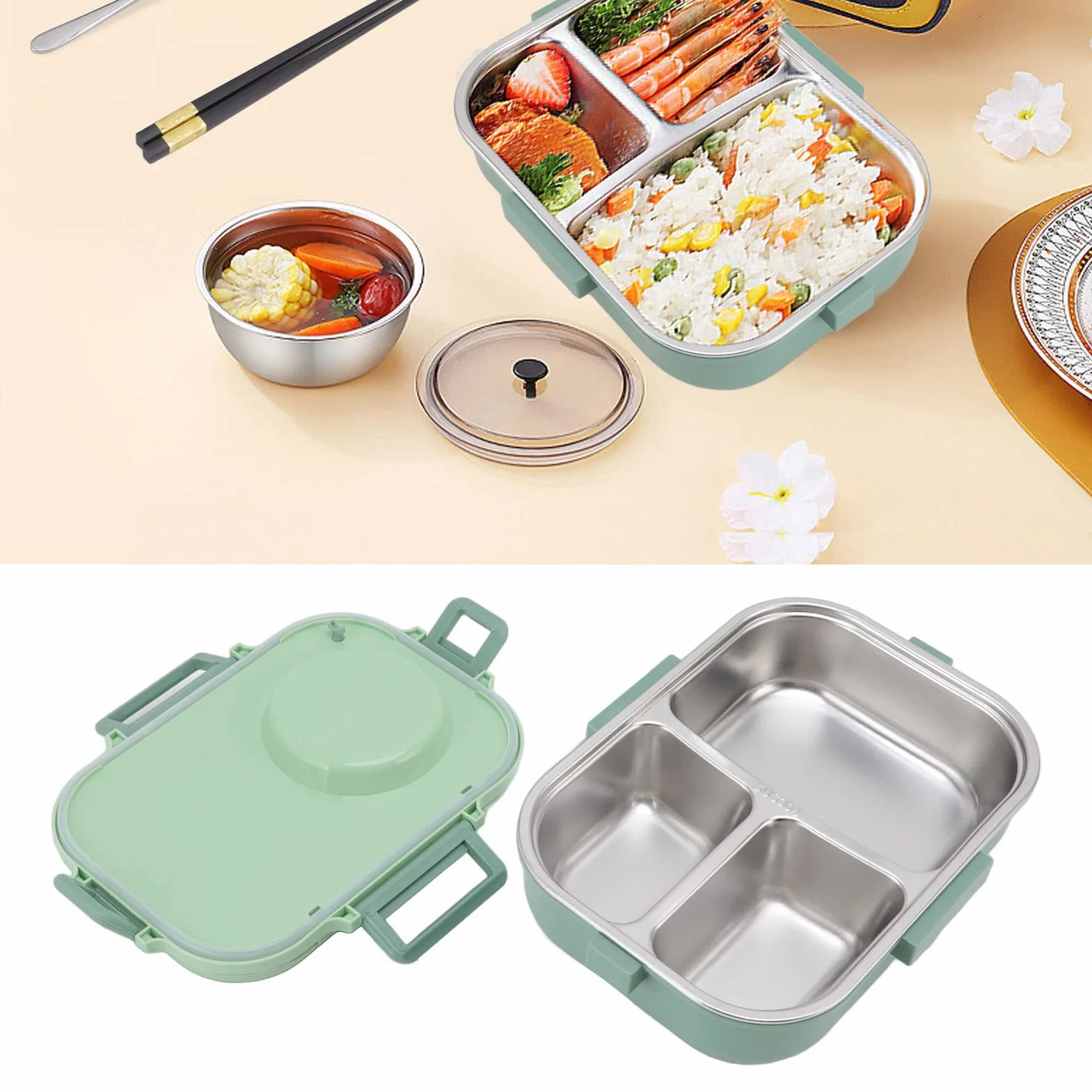 Bento Lunch Box, 1100ml Double Layer 3 Grid Design, 304 Thermal Lunch Box ze Stali Nierdzewnej z Pałeczkami Łyżka Miska na Zupę, Pojemnik na żywność dla Dzieci Studenci Dorośli(Zielony)