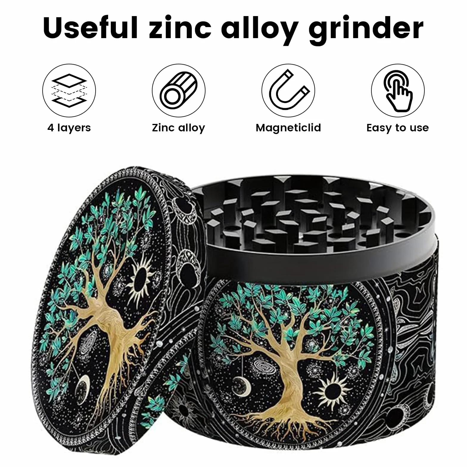 Młynek do przypraw o średnicy 63 mm, ze skrobakiem i plastikową szczotką, 4-warstwowy wzór drzewa, metalowy młynek do przypraw (wzór drzewa)