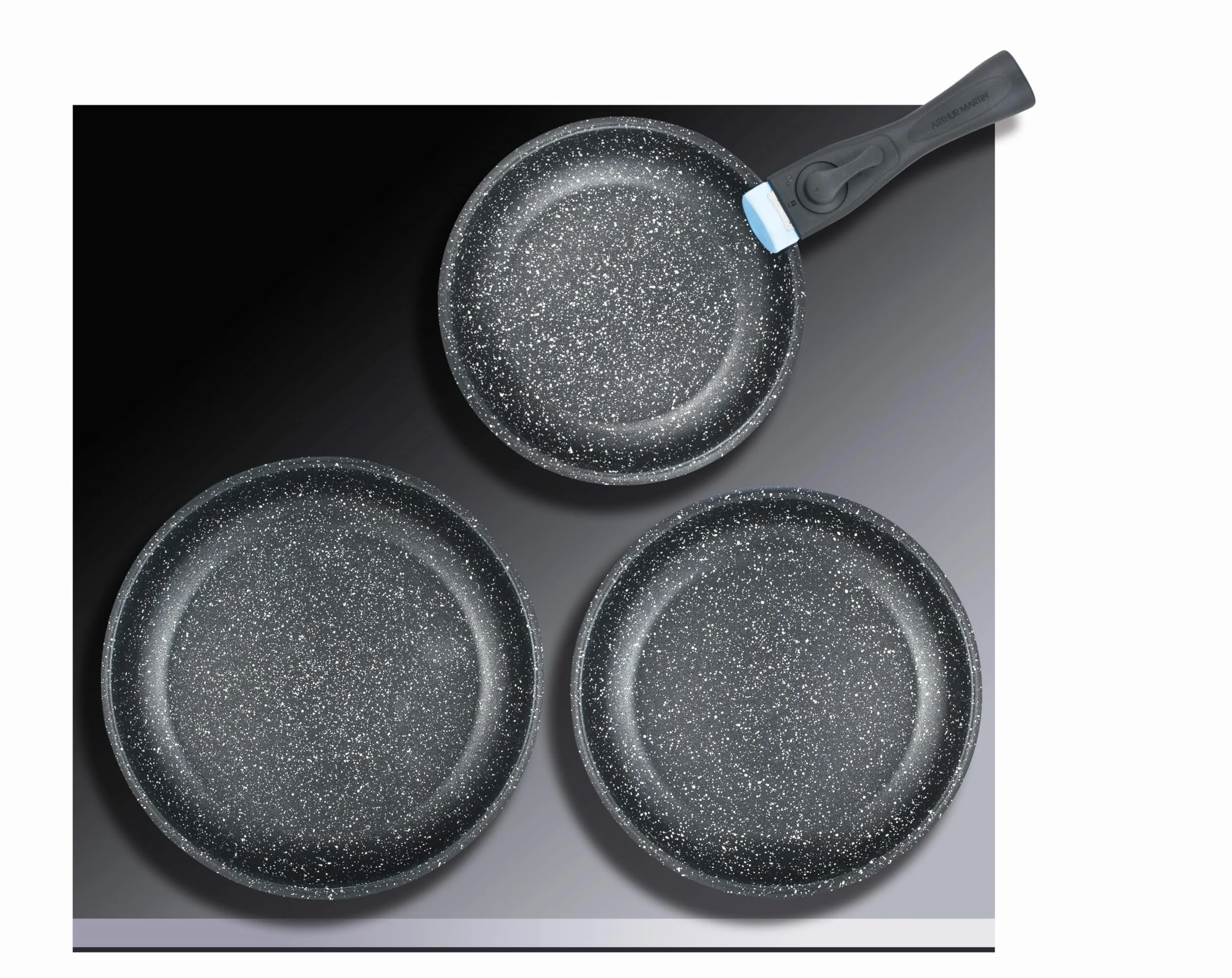 Zestaw 3 patelni Arthur Martin AM9728 ze stali nierdzewnej, powłoka nieprzywierająca, odpinany uchwyt, 20-24-26 cm