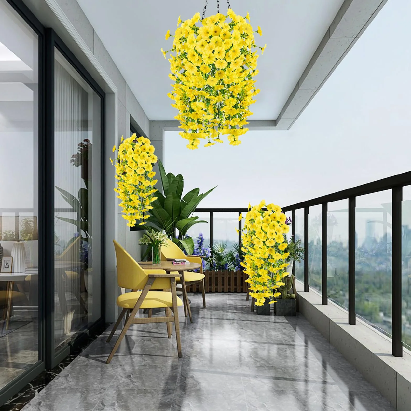 3 sztuczne rośliny wiszące, Morning Glory, sztuczne kwiaty, wiszące, dekoracyjne, wodoodporne i odporne na słońce, do salonu, na balkon, do ogrodu (żółte)