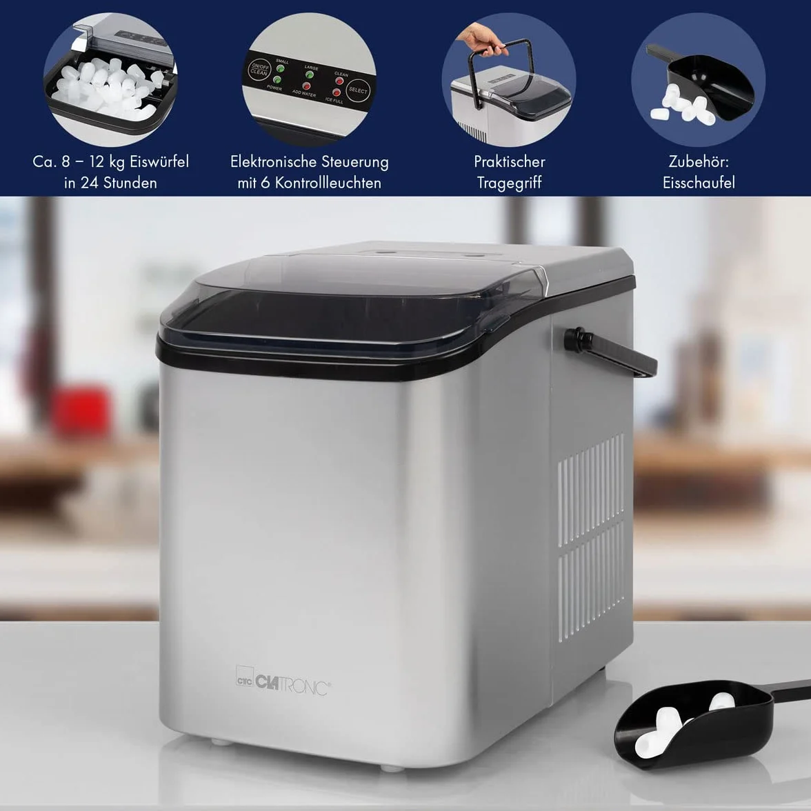 Clatronic EWB 3785 Machine à glaçon portable 12 kg/24h 105 W Noir Argent