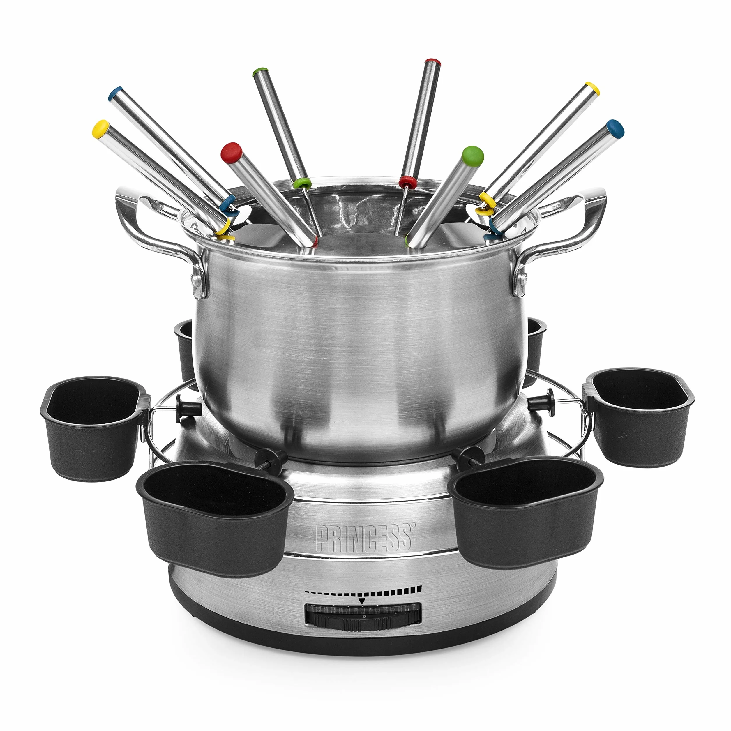 Princess Family Zestaw Do Fondue 800 W 1,2 L Stal Nierdzewna Termostat Podwójne Dno 8 Widelczyków 6 Miseczek Srebrny