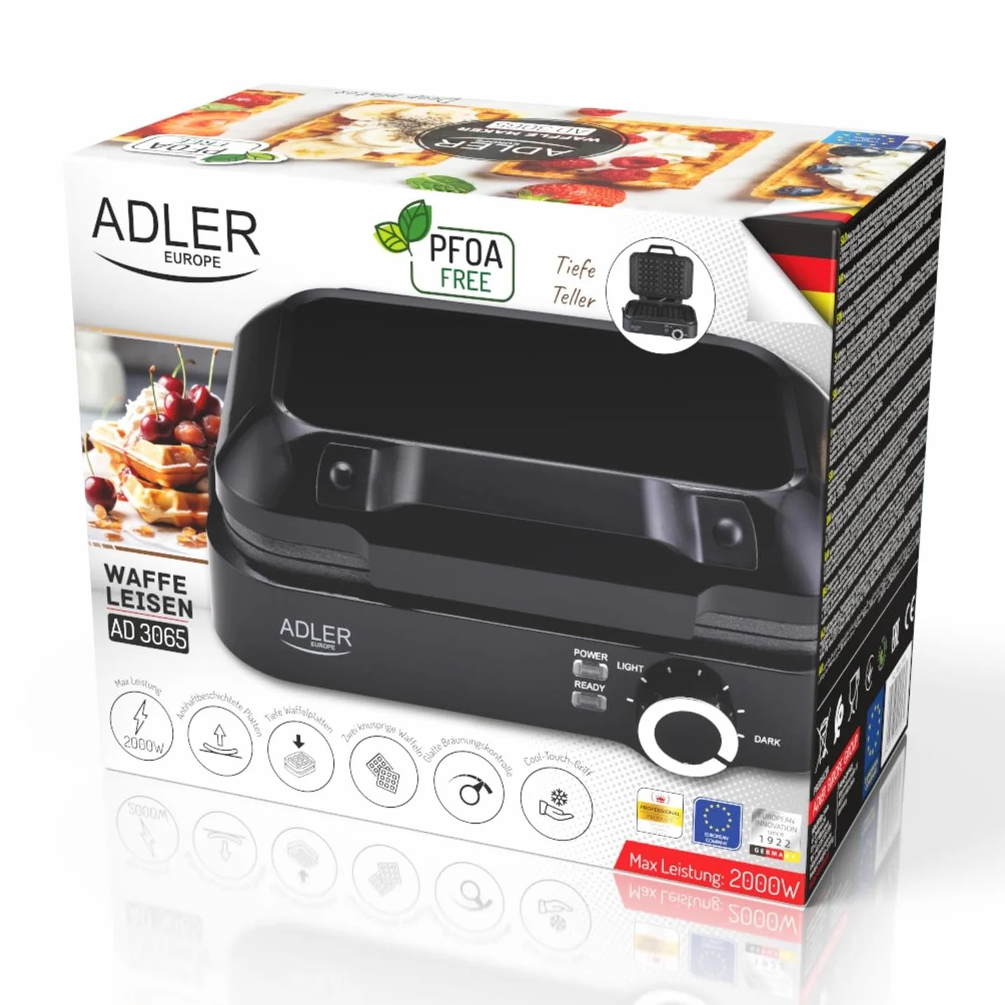 Adler Europe - Mała, podwójna gofrownica 2000 W - regulowany poziom ogrzewania - dwa klasyczne gofry jednocześnie - powłoka nieprzywierająca - 2 lampki kontrolne - głębokie płytki waflowe