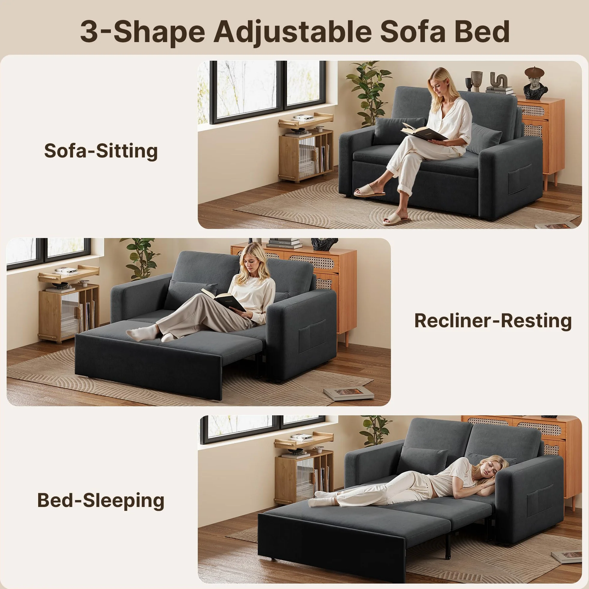 Xbro Sofa z funkcją spania 147 x 196 x 87 cm, sofa z funkcją spania 2-osobowa, wysuwana na 4 kółkach, nowoczesny welurowy materiał, Ciemnoszara