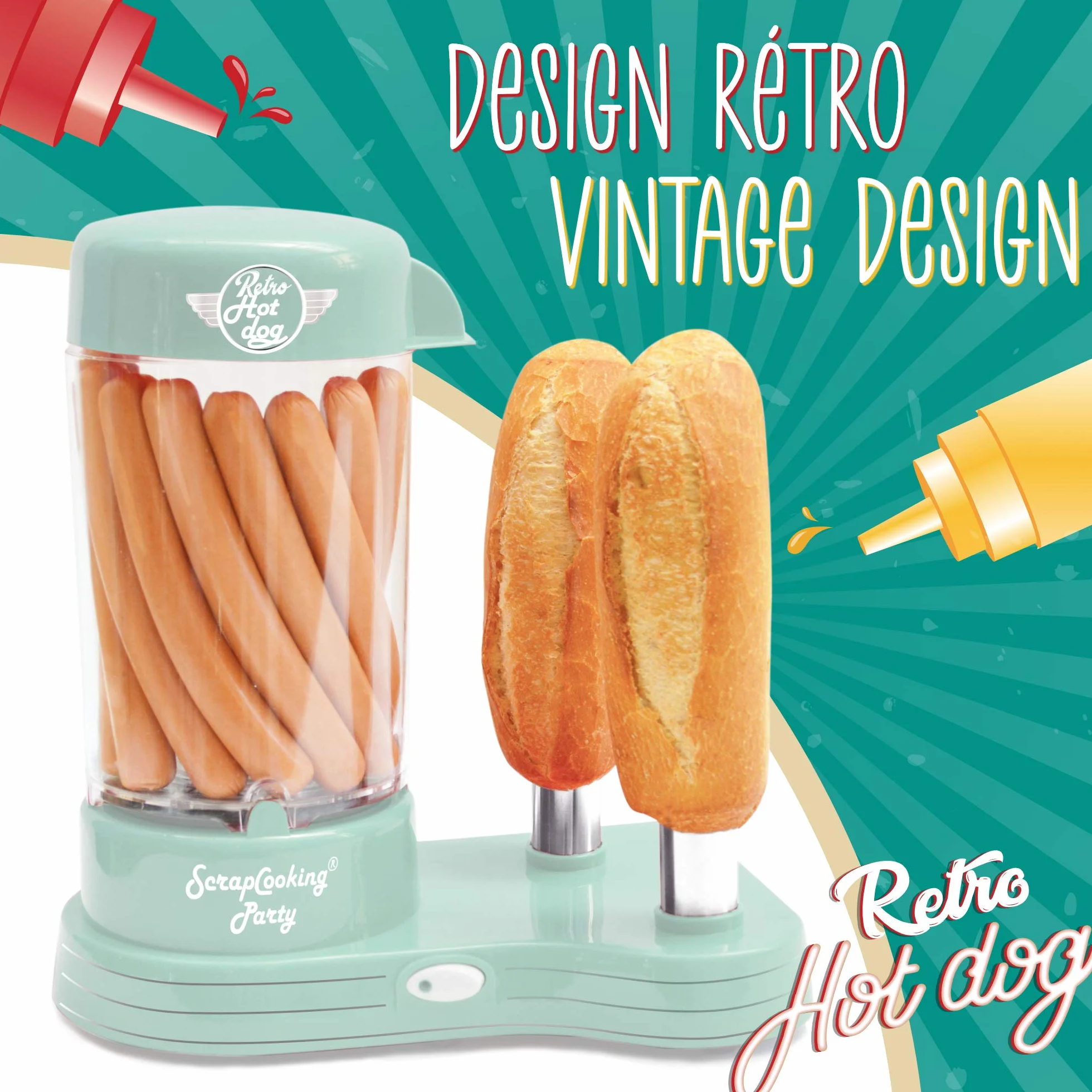 SCRAP COOKING 601 Hot Dogs maszyna na 12 kiełbasek i 2 chleba, styl retro, vintage, grillowanie, imprezy, karby, zielony, tworzywo sztuczne nadające się do kontaktu z żywnością, biała