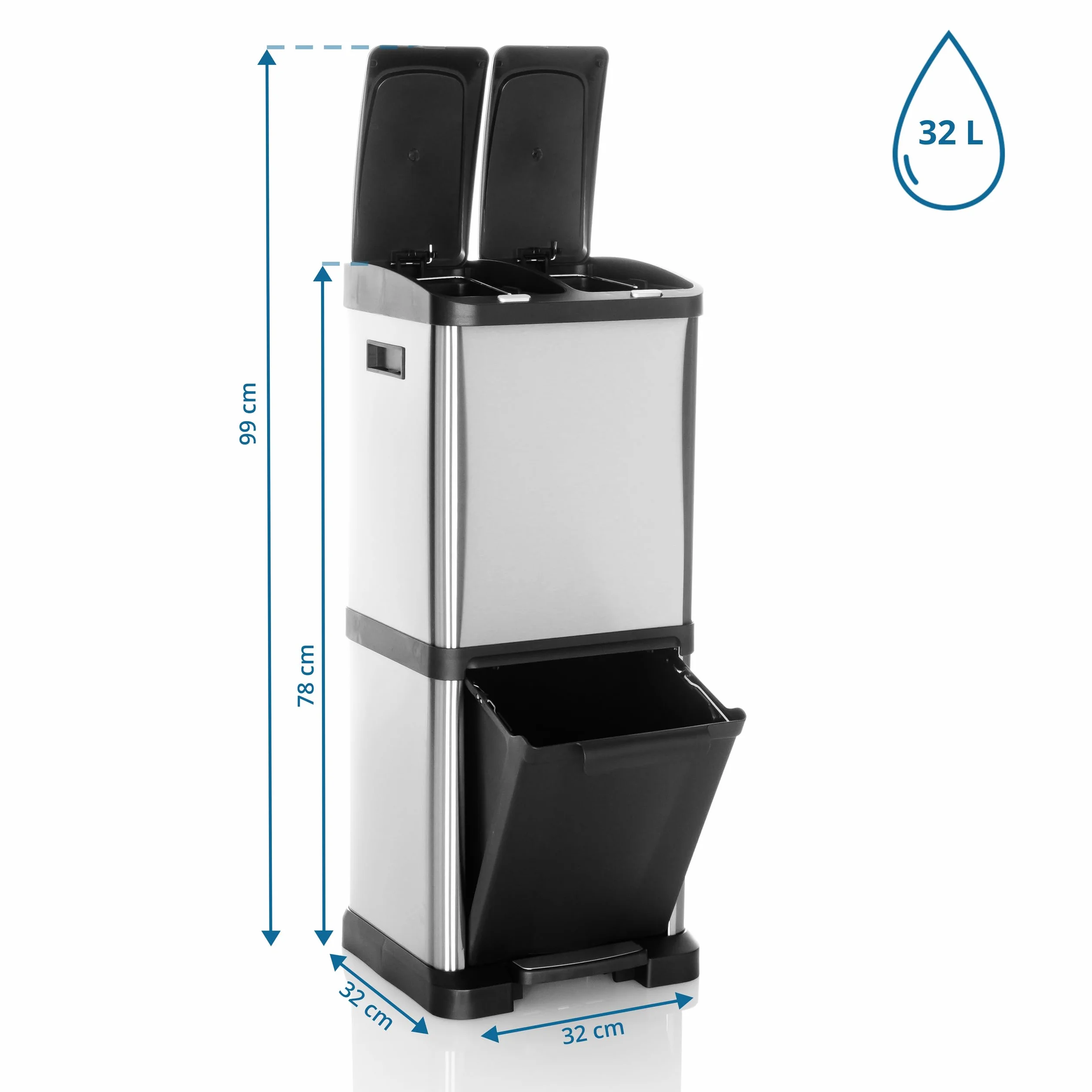hjh OFFICE kosz na śmieci 3 komory 32 L CLEAN VII Metalowy system segregacji śmieci, 2x 8L + 1x 16L, uniwersalne zastosowanie, Srebrny, 741100