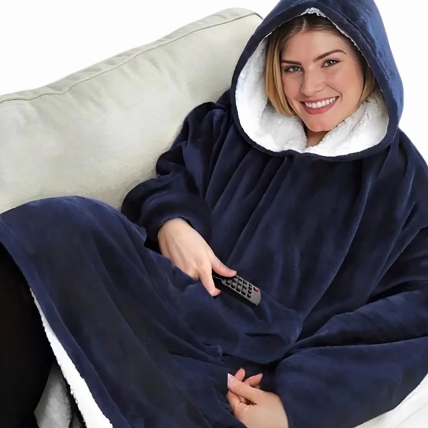 Koc z kapturem - Przytulna bluza oversize w kolorze niebieskim dla kobiet, w jednym rozmiarze, miękka i ciepła do wewnątrz i na zewnątrz Bluza jak przytulny koc