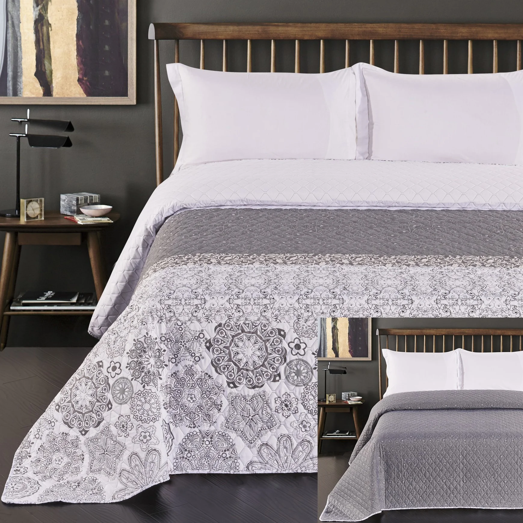 DecoKing narzuta na łóżko 240 x 260 cm szara srebrna biała dwustronna pikowana geometryczny kwiatowy wzór Alhambra