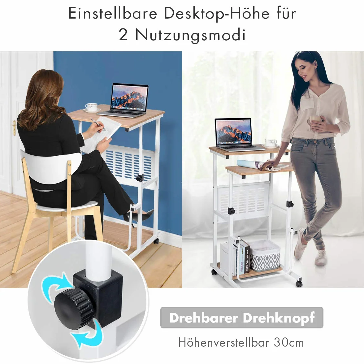 COSTWAY 2 w 1 stolik do laptopa i biurko z kółkami, z regulacją wysokości, stolik pod komputer, stojący stolik pod komputer do domu i biura