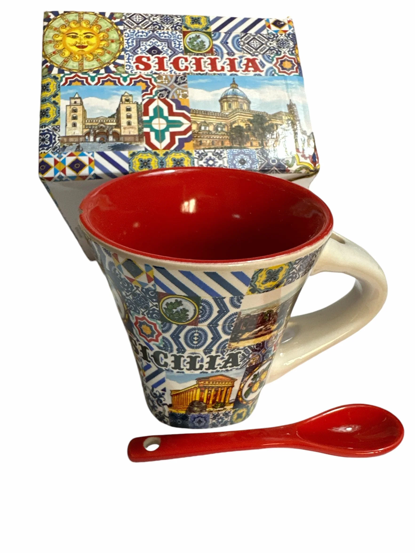 Sycylia Filiżanka do kawy z ceramiką / łyżeczką, ozdobiona filiżanką SOUVENIR, C/DECORO, 7 cm - H, pojemność 70 ml