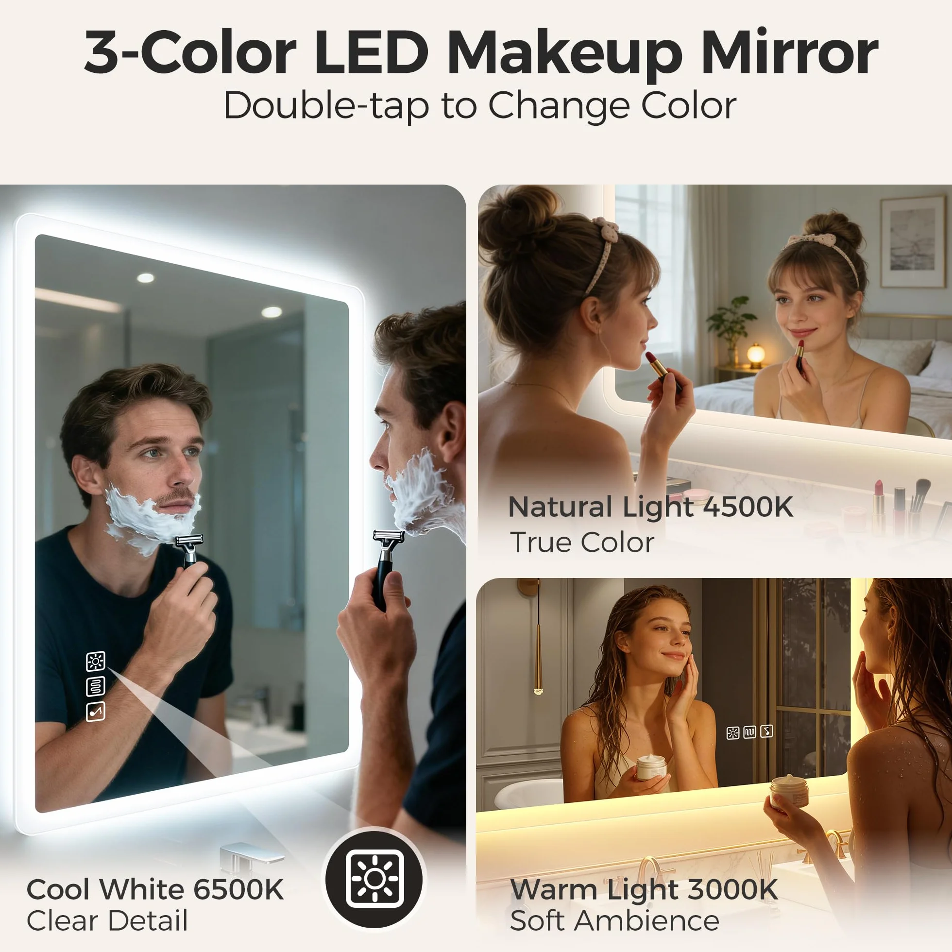 STARLEAD Lustro-łazienka ze światłem i Bluetooth 120x70cm, lusterka-duże z LED, przeciwmgielne, ściemniane, 3 kolory światła, pamięć, IP44, szkło hartowane HD, poziome/pionowe