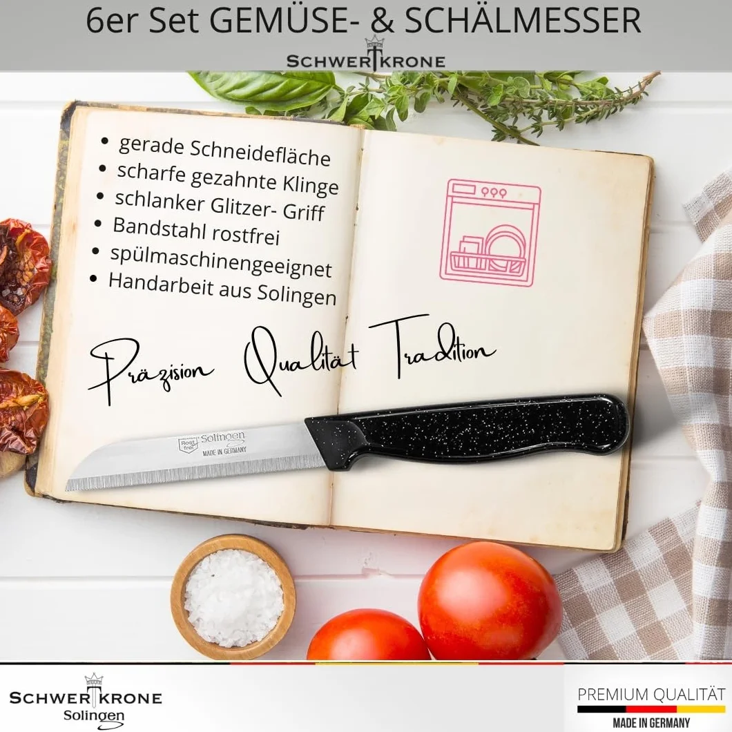 Schwertkrone® Zestaw 6 noży szybkich [WYROBIONEO W SOLINGEN - NIEMCY] - nóż do warzyw, nóż do owoców - długi, ostry, ząbkowany nóż kuchenny - nóż do krojenia ziemniaków - nóż uniwersalny (6x ostrze 9