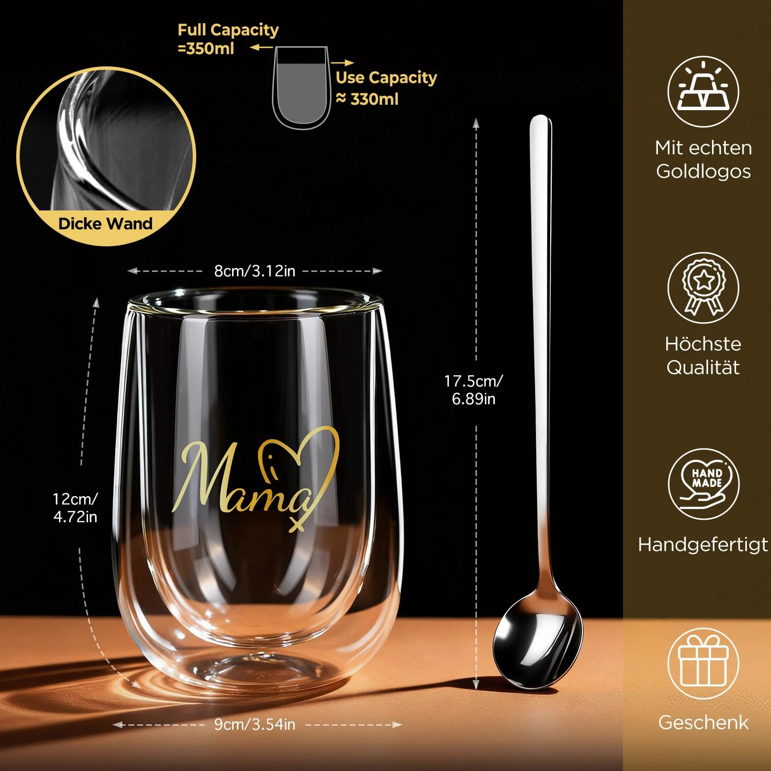 glastal Szklanki do latte macchiato Premium zestaw 2 szt. | MAMA | bez wysuszonego otworu - szklanki do kawy o podwójnych ściankach 350 ml, szklanki do kawy, na prezent dla mamy, na urodziny, Dzień