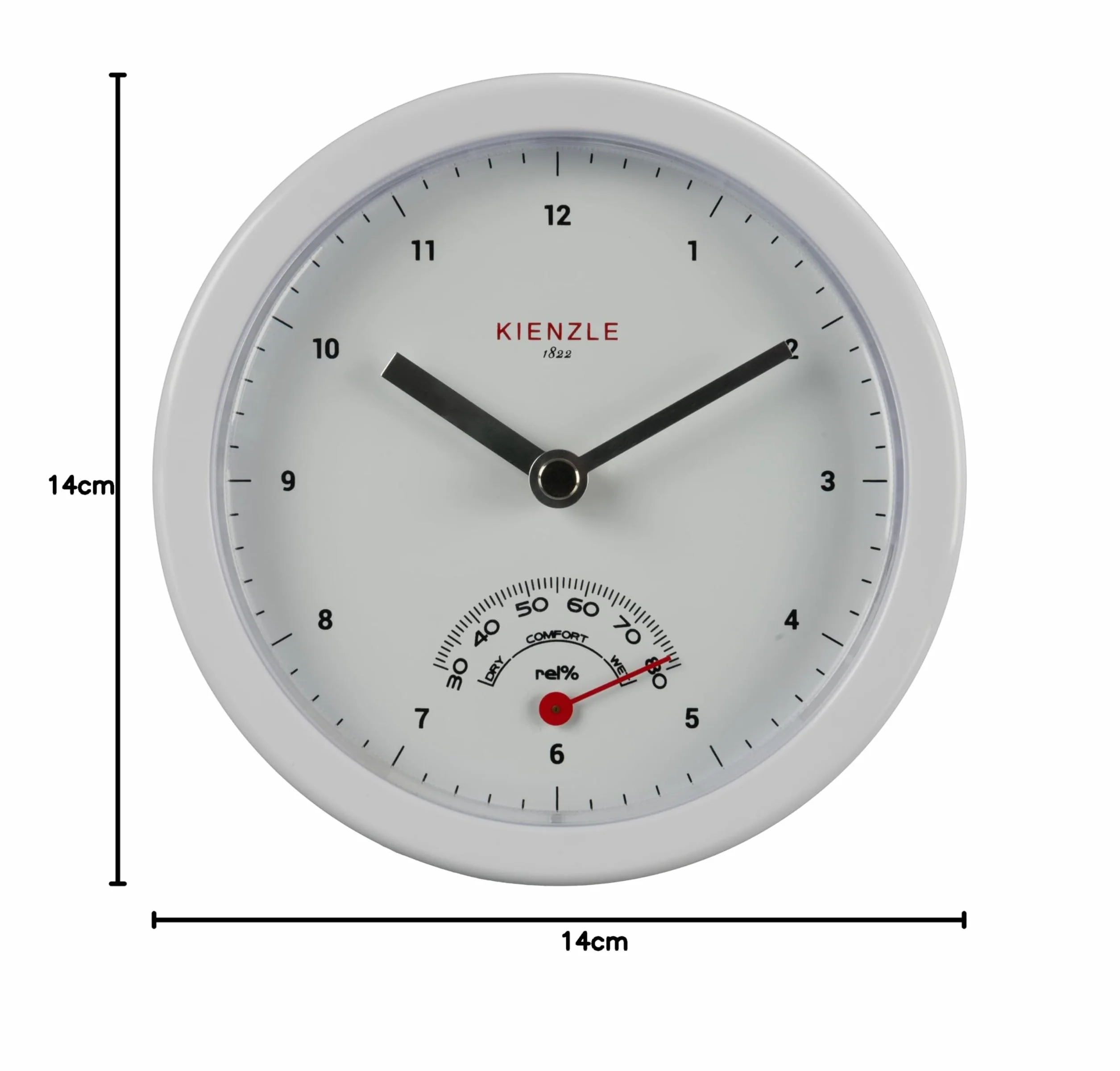 Kienzle Zegar łazienkowy 14 cm z mechanizmem kwarcowym, higrometrem i wskaźnikiem komfortu, ochrona przed rozbryzgami wody, montaż ścienny lub podstawa