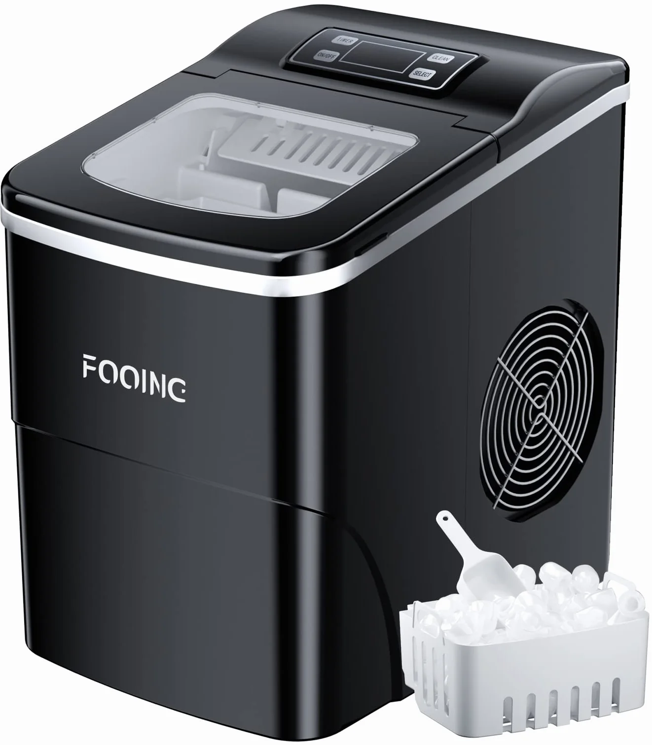 Kostkarka do lodu FOOING Ice Maker kostki lodu gotowe w 6 minut, 2 l, z łopatką do lodu i koszem, wyświetlaczem LED, do domowego baru
