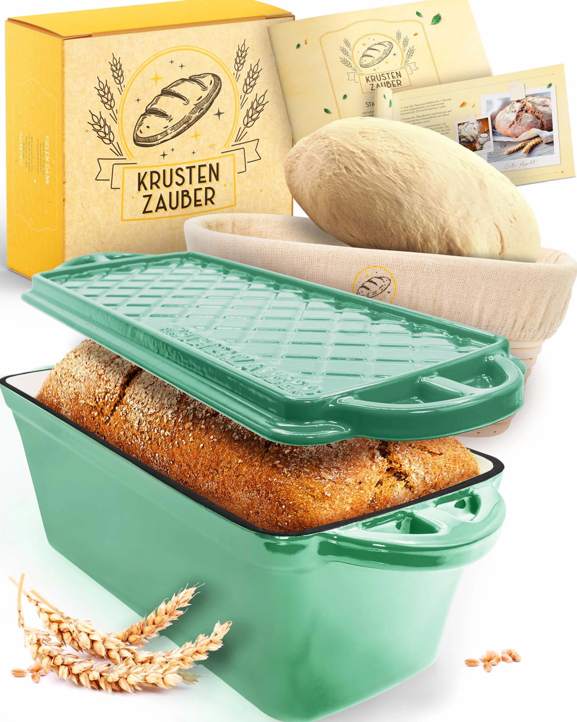 KRUSTENZAUBER emaliowany garnek do pieczenia chleba z pokrywką w zestawie z koszami do fermentacji - Wytrzymała forma do pieczenia 28 cm z żeliwa - Idealna jako forma na chleb, forma do pieczenia