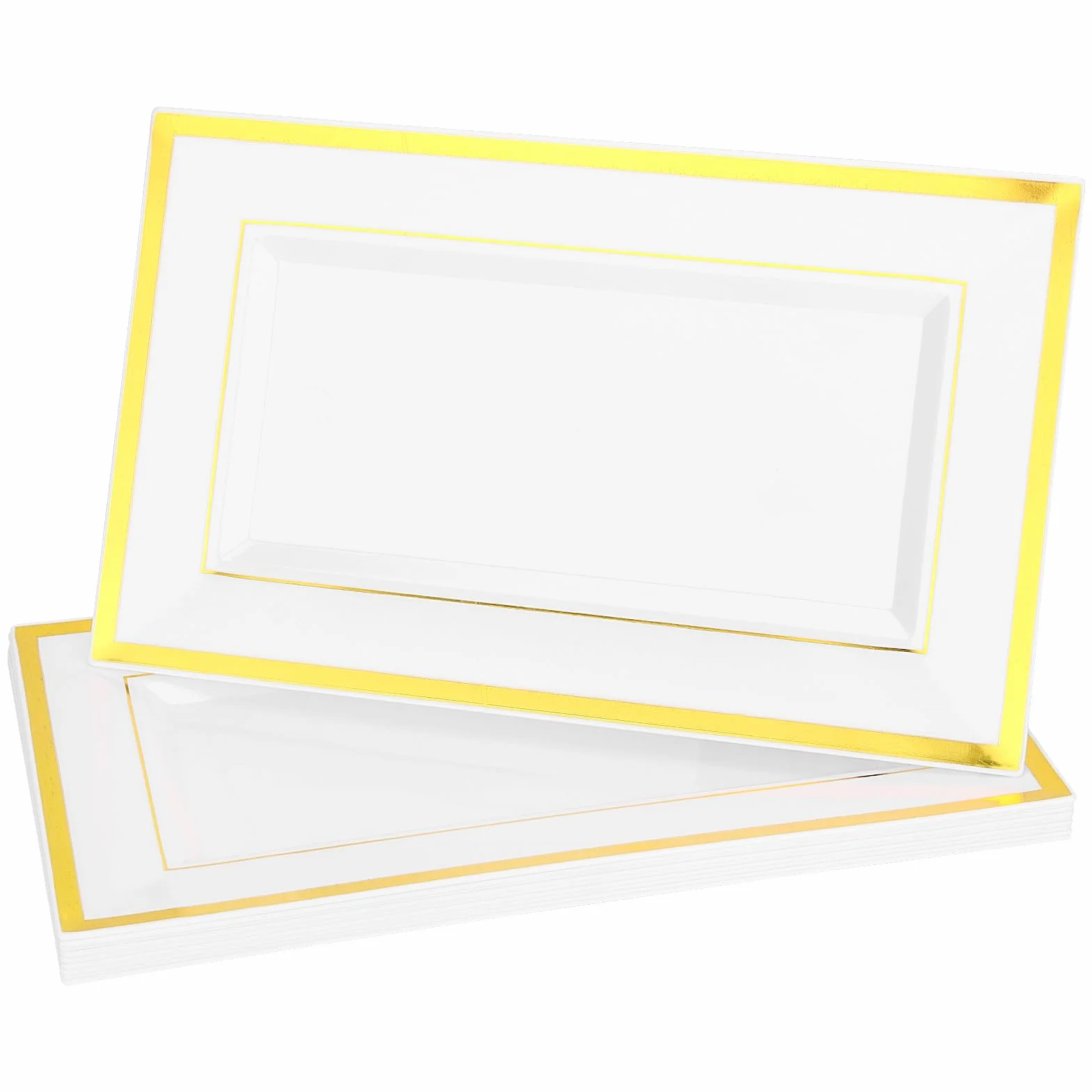 10 sztuk bia?ych plastikowych talerzy do serwowania, 33 x 20 x 1,5 cm, prostok?tne, z tworzywa sztucznego, talerze bufetowe ze z?ot? kraw?dzi?