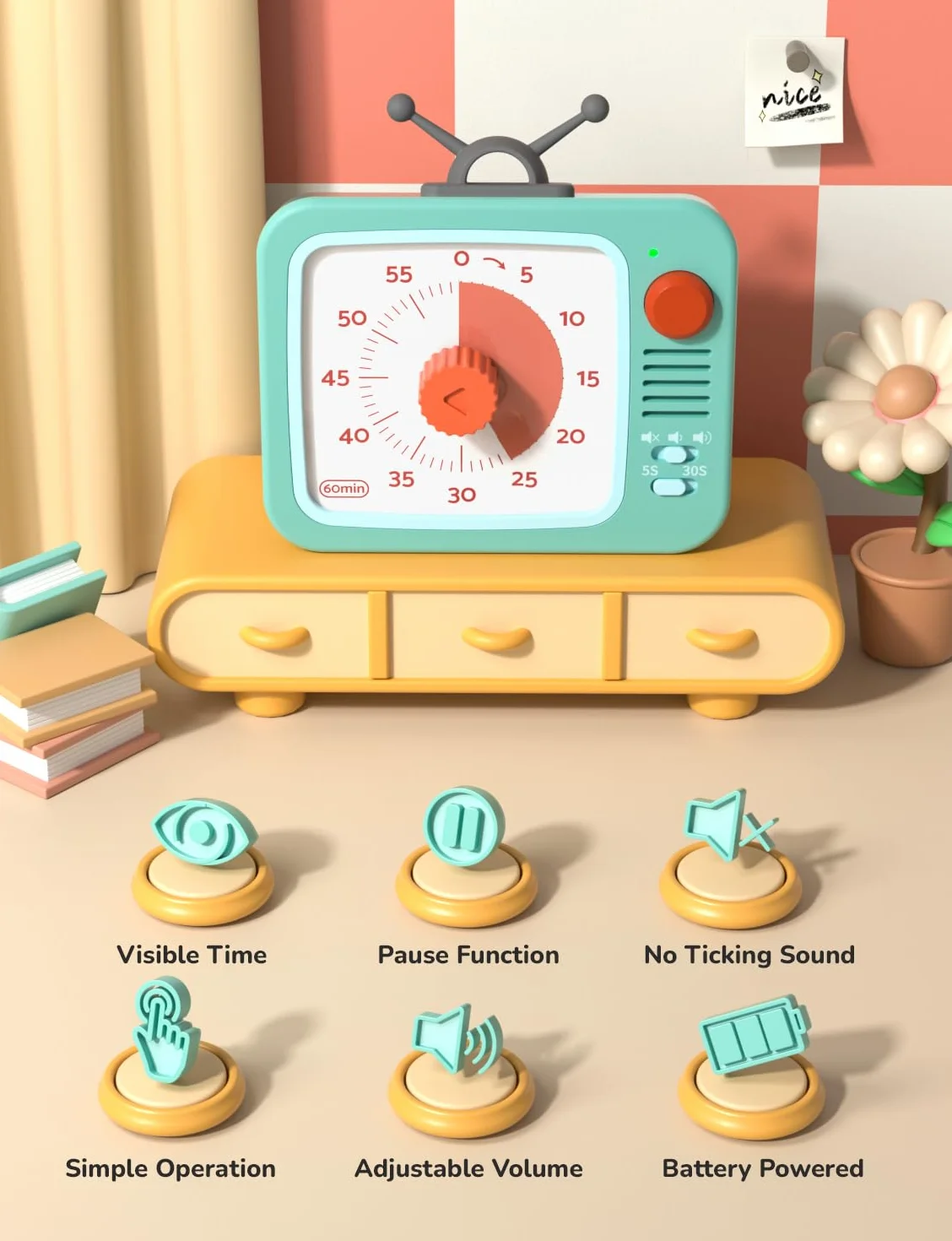 LIORQUE Wizualny timer dla dzieci, uroczy kreskówkowy design, 60-minutowy wizualny minutnik, odliczanie z cichą pracą, narzędzia do zarządzania czasem dla dzieci, do klasy, nauczania, gotowania