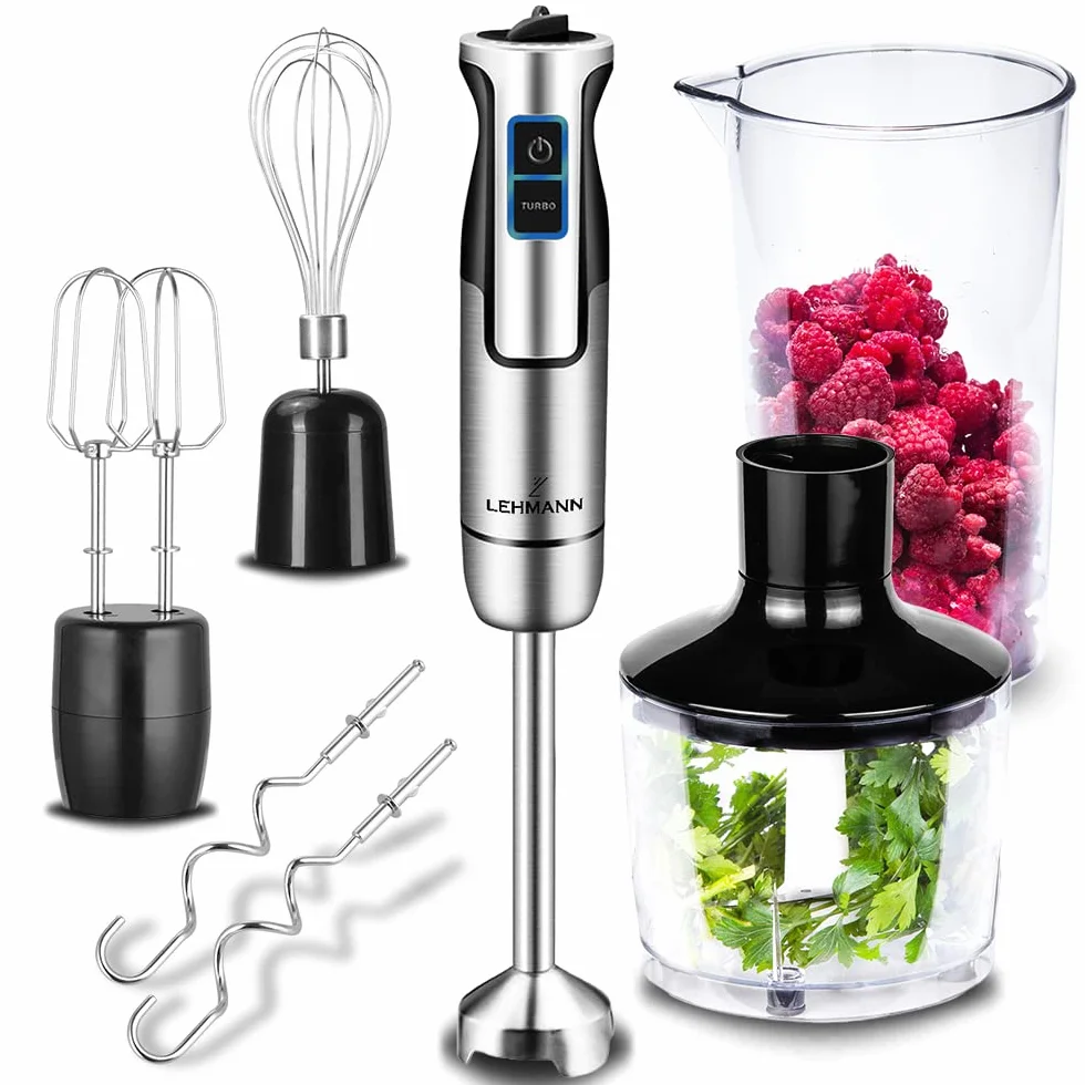 Lehmann Chowmei Blender ręczny zestaw 1200 W, Blender immersyjny z funkcją turbo i regulacją prędkości, elektryczny wielofunkcyjny blender ręczny, w zestawie 6-częściowy zestaw akcesoriów