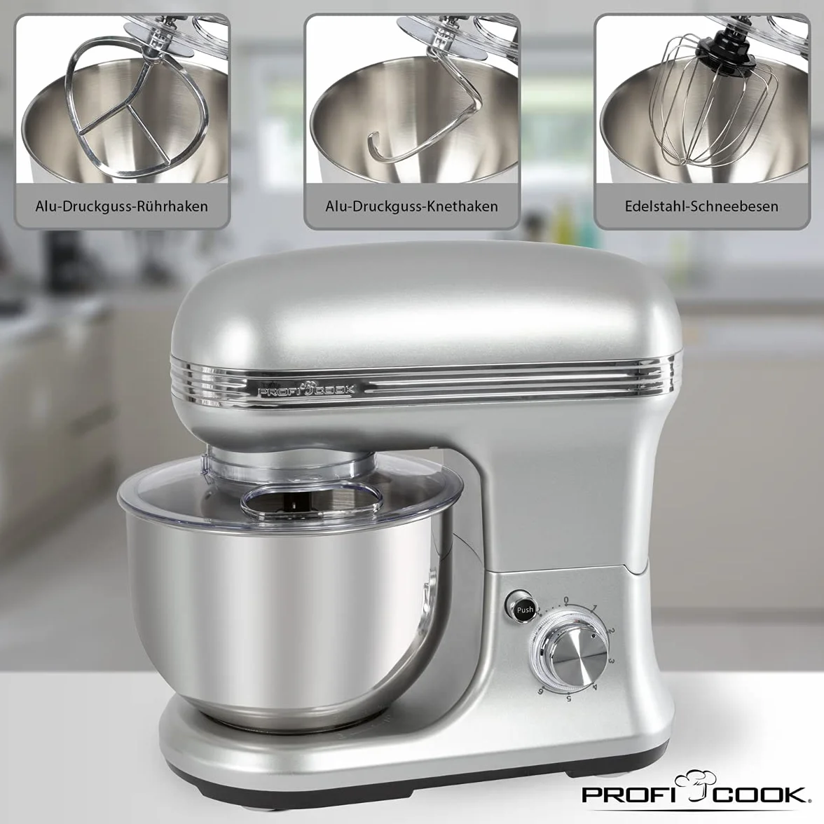 ProfiCook PC-KM 1222W Kneading Machine Set, Powerful 1200 Watt + Digital Kitchen Scale, 5.0 Litre Stainless Steel Bowl for Max 2.5-3 kg Dough Preparation, Kitchen Scales Measuring Range up to 5000 g
