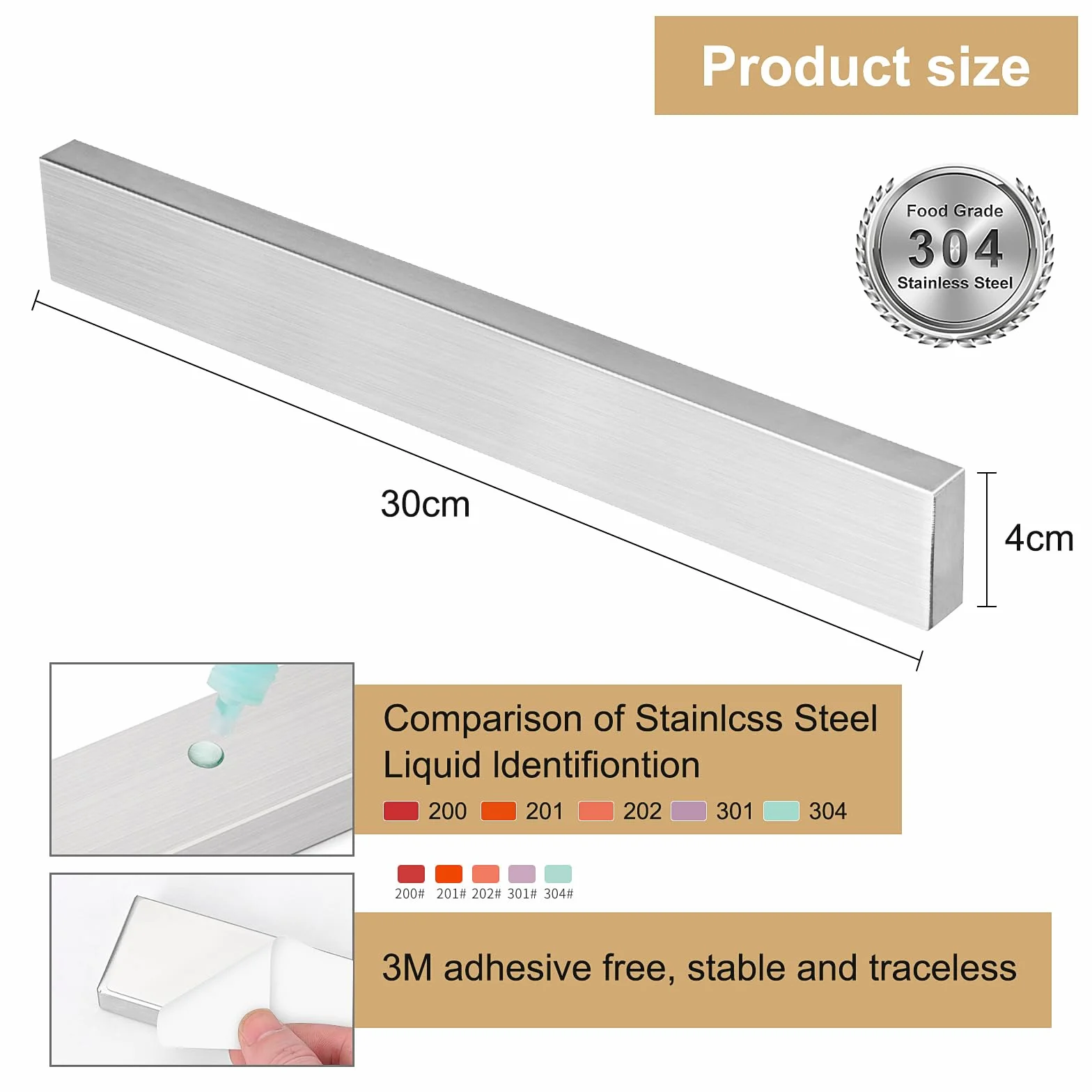 Samoprzylepna listwa magnetyczna, 30 cm, magnetyczna listwa na noże ze stali nierdzewnej, magnetyczny uchwyt na noże, blok na noże, super silny magnes, nadaje się do wszystkich rodzajów noży