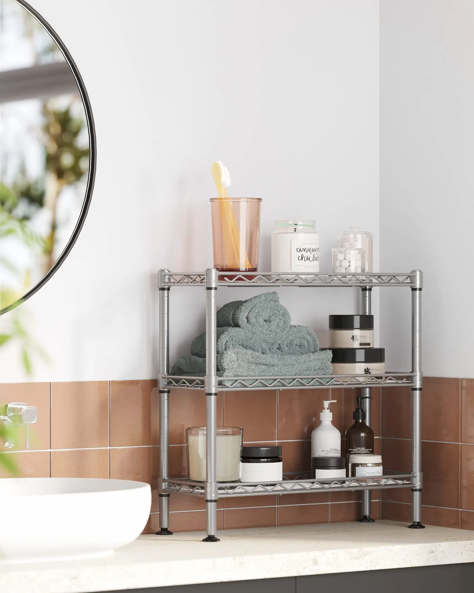 SONGMICS Stojak na przyprawy z 3 poziomami, organizer kuchenny, wykonany z metalu, z panelami PP, regulowany poziom półek, 40 x 15 x 39,5 cm, srebrny matowy LGR025E01