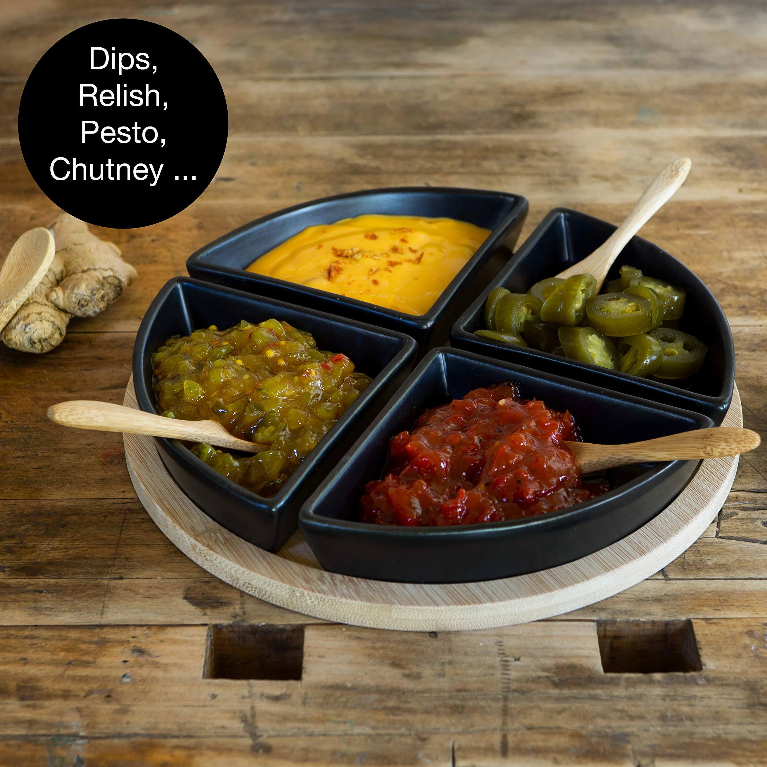 Moritz & Moritz Półmisek do serwowania z miseczkami Antipasti 22 cm – bambusowa taca do serwowania z ceramiczną miską, łyżka bambusowa – zestaw miseczek na przystawki, dipy i przekąski