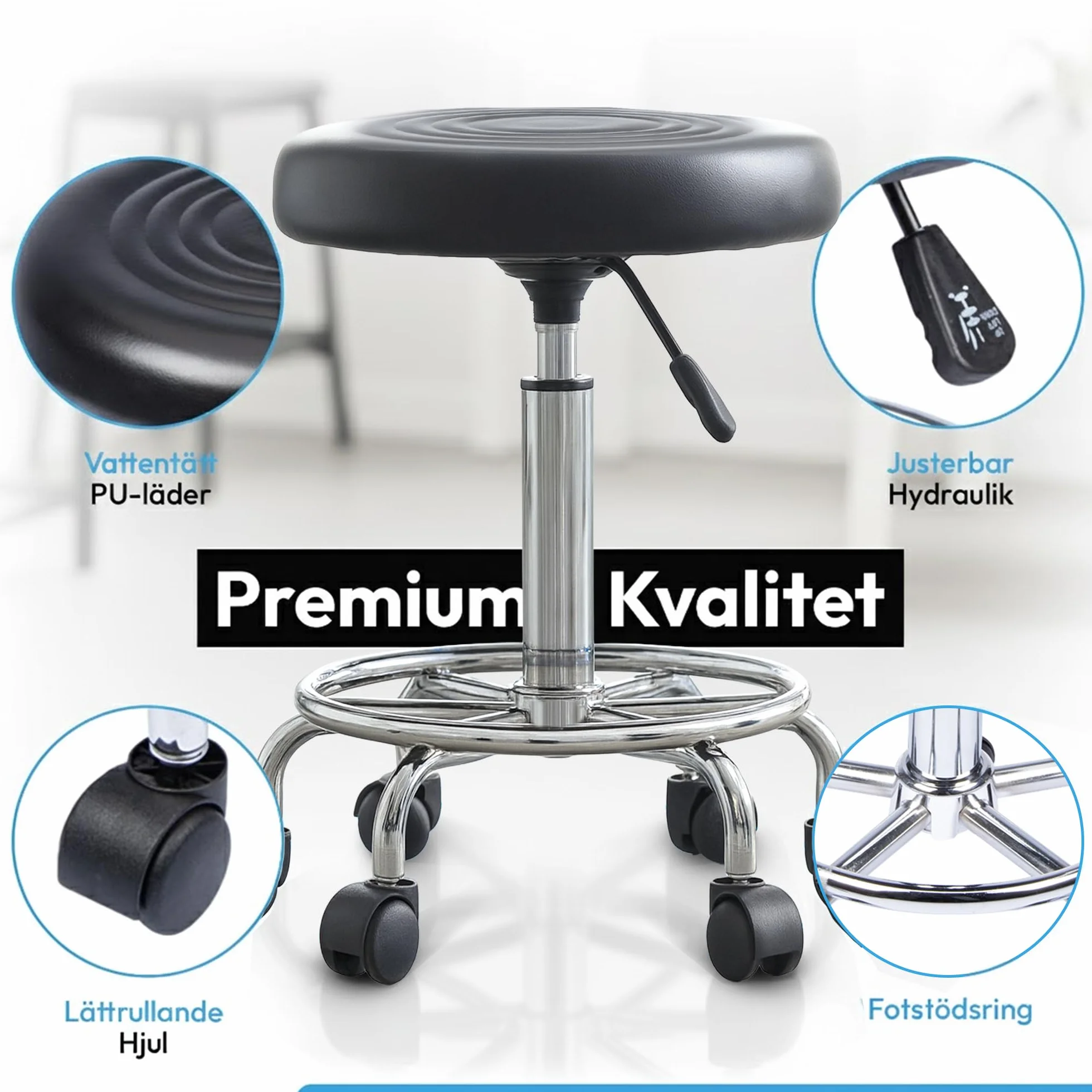 Ergonomia Rolowany stołek roboczy obrotowy z regulacją wysokości Czarny