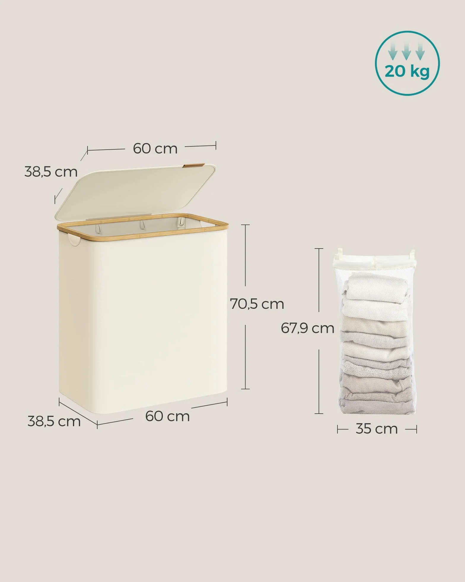 SONGMICS Kosz na pranie z pokrywką z 3 przegródkami, 150 l, zdejmowana torba, tkanina Oxford, bambusowe uchwyty, składany, 60 x 38,5 x 70,5 cm, kremowo-biały LCB515W01