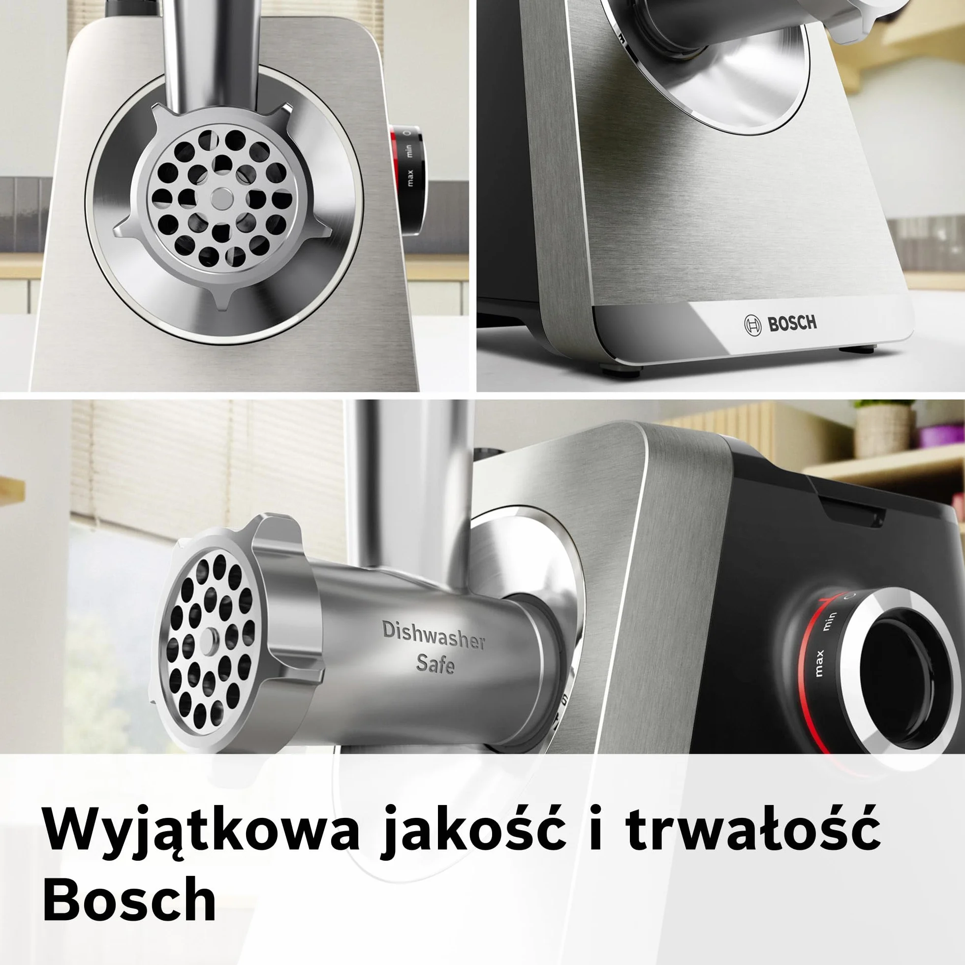 Bosch MultiPower Serie 8, maszynka do mielenia mięsa, moc blokowania silnika do 2500 W, młynek do mięsa, szatkownica, nasadka do kiełbas i kebbe, czarna, MFWS840M