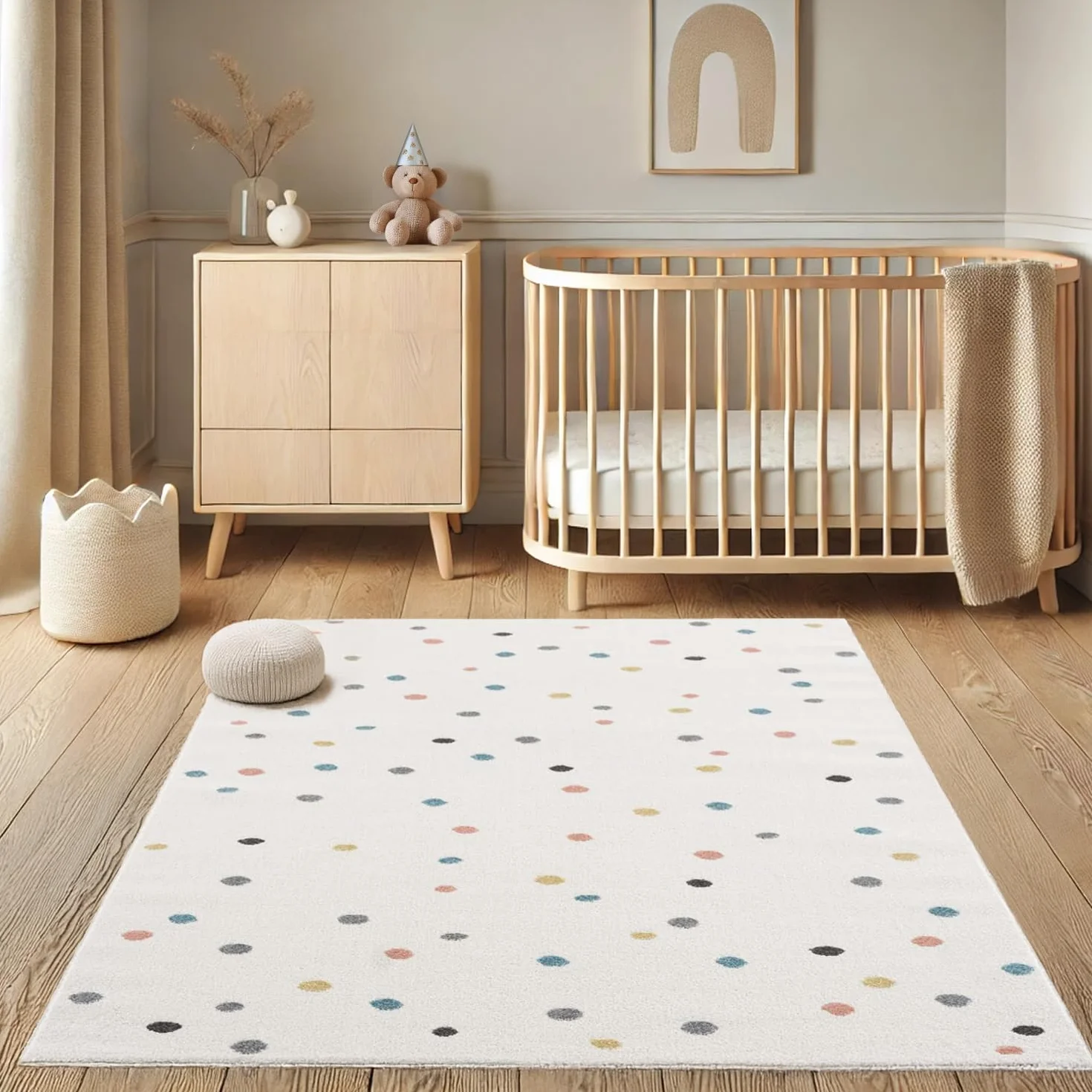 Dywan do pokoju dziecięcego, kremowy, 140 x 200 cm, do zabawy, kolorowe kropki, krótkie runo, certyfikat Öko-Tex Standard 100
