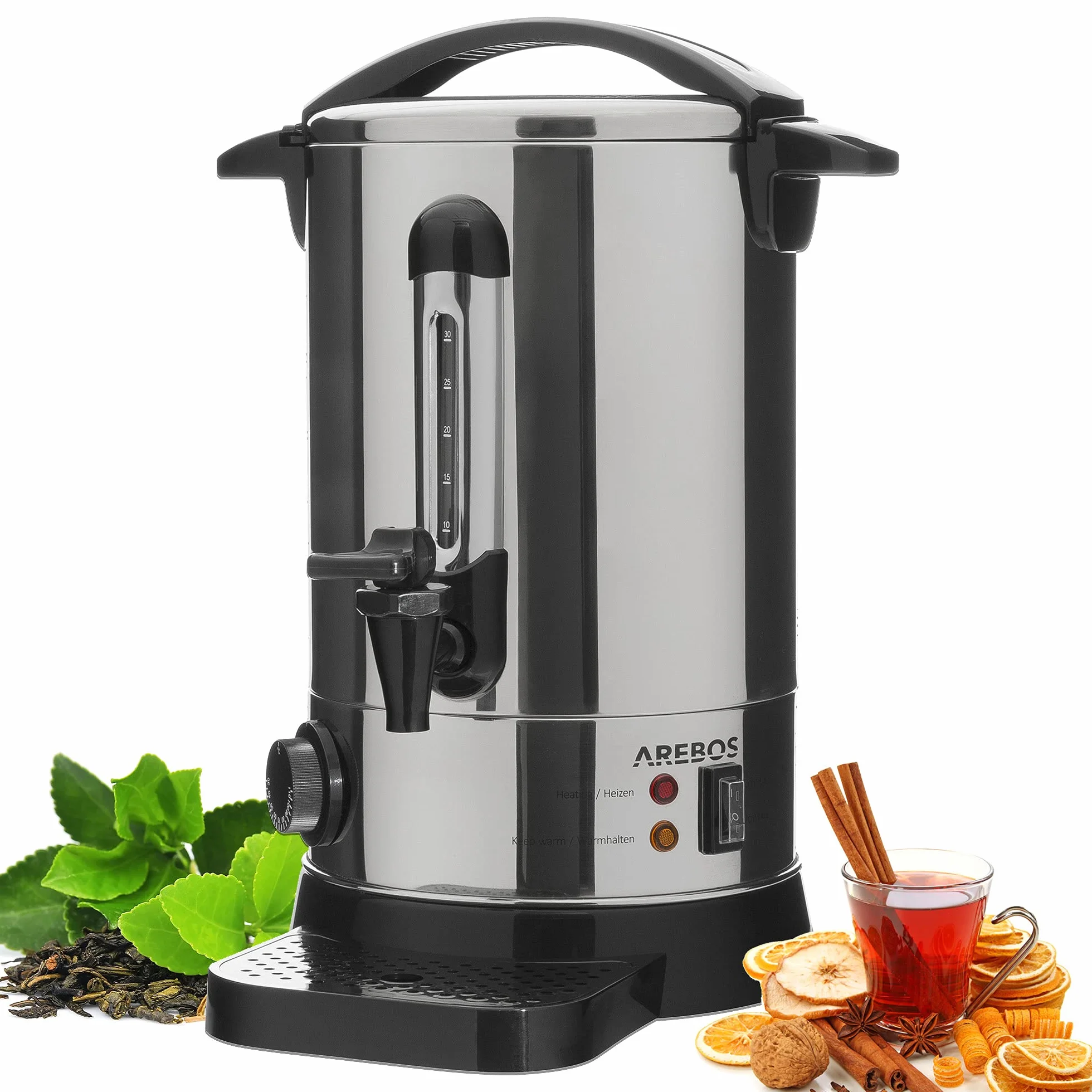 Arebos Dozownik gorących napojów 950W Bojler 6,8L 30 filiżanek Czajnik do gorącego wina ze stali nierdzewnej Podgrzewacz do kawy herbaty Termostat Regulacja temperatury 30-110°C