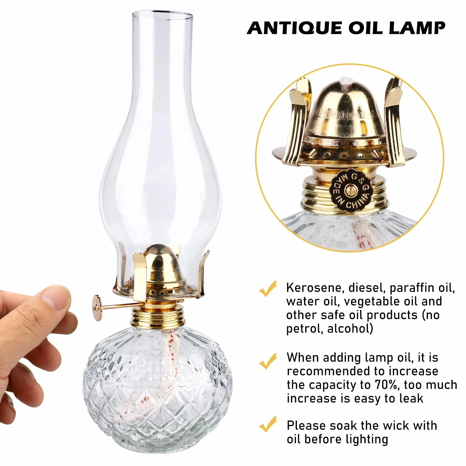 Vegena lampa naftowa do wnętrz - retro nostalgia, przezroczysta, regulowana jasność, wiatroszczelna, dekoracyjna lampa olejowa do salonu, jadalni, do użytku awaryjnego