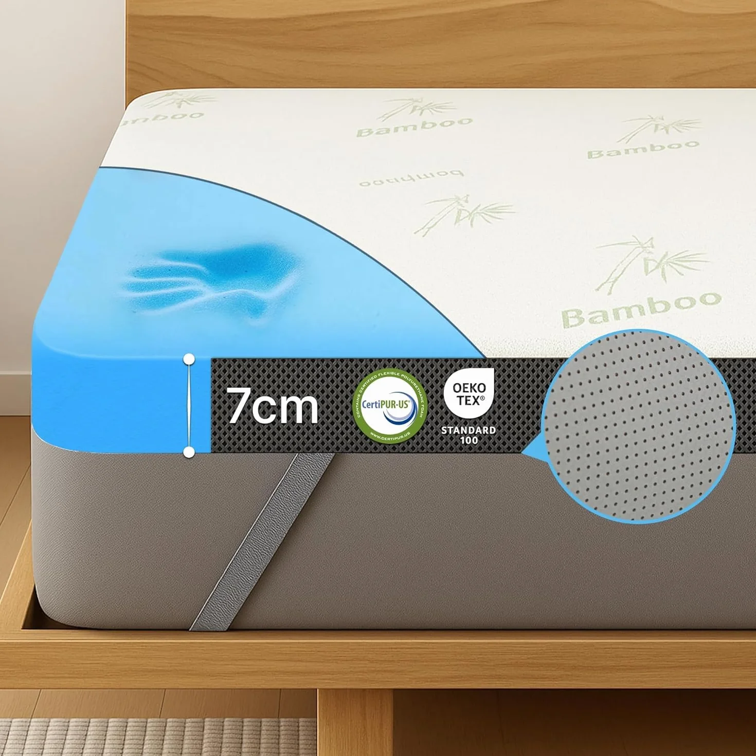 MKS. Żelowy topper 80 x 200 cm, H3 nakładka na materac z pianką żelową memory 7 cm, komfortowa poduszka z przepływem powietrza 3D, wiskoelastyczna nakładka na materac ze zdejmowaną poszewką bambusową
