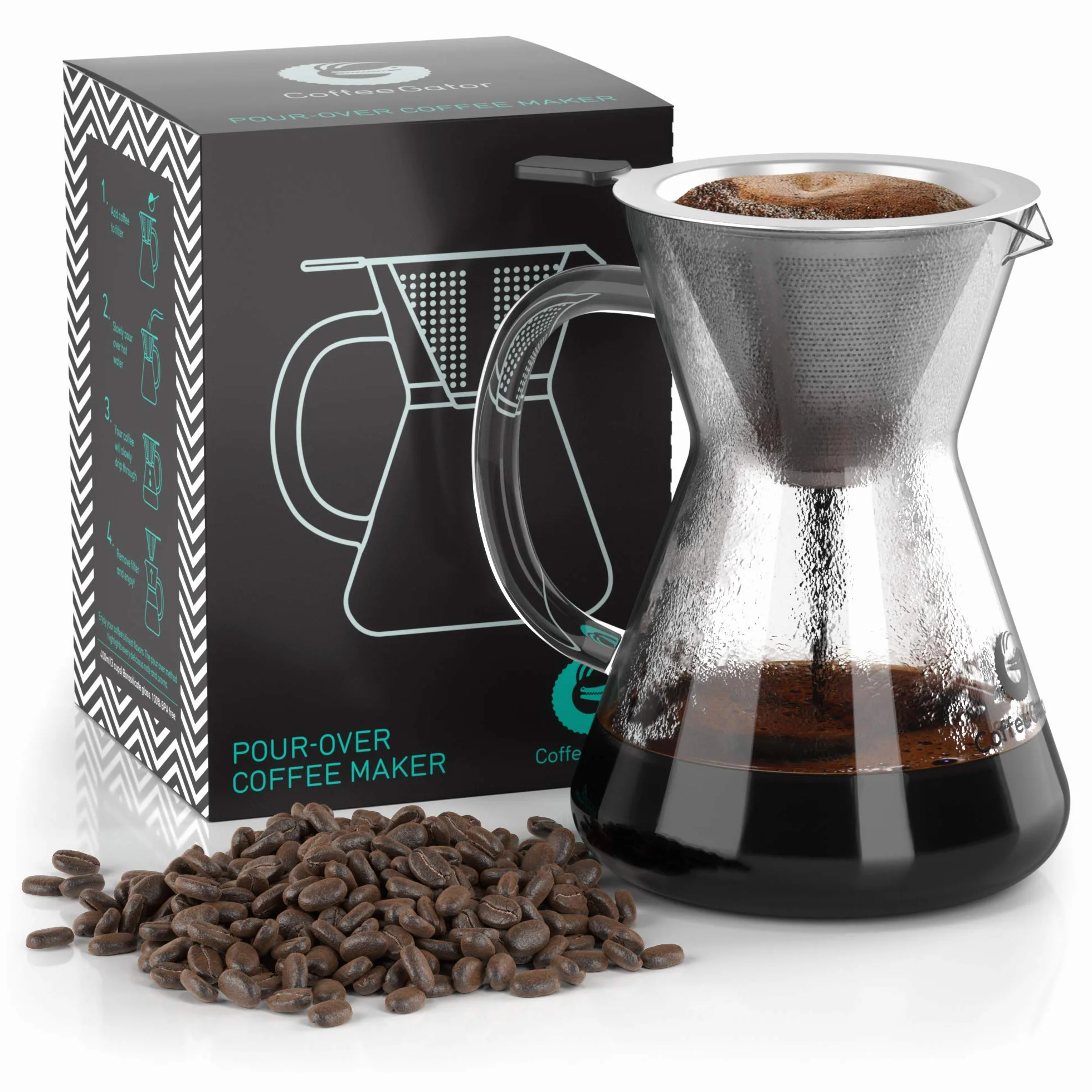 Coffee Gator Pour Over zaparzacz do kawy – więcej smaku dzięki bezpapierowemu filtrowi ze stali nierdzewnej i szklanej karafce – ręczny zaparzacz do kawy – 400 ml