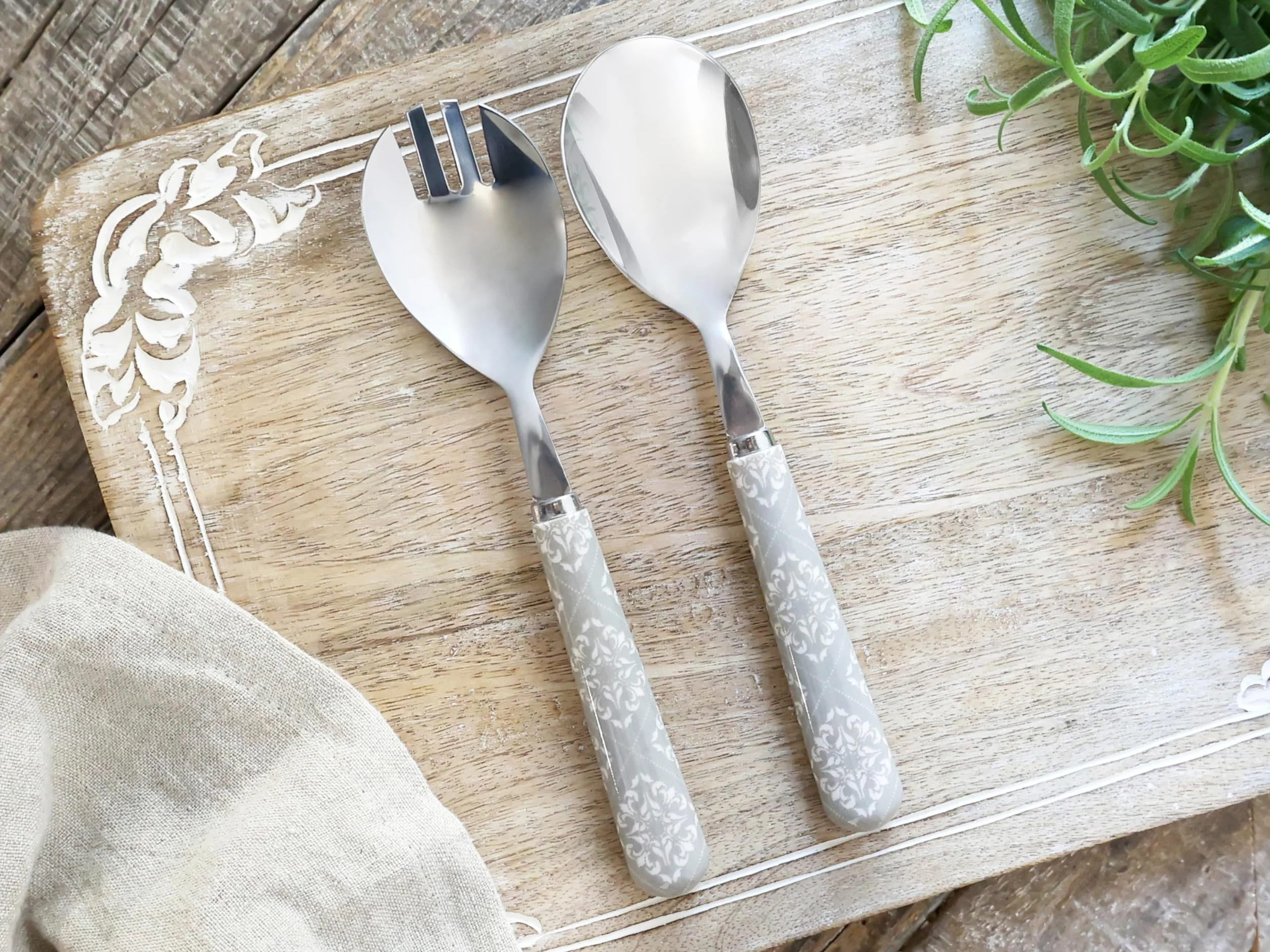 Sztućce do sałatek, 2 części, francuski szary, ze wzorem ze stali nierdzewnej/akrylu, styl dworkowy, shabby chic, vintage, nostalgia