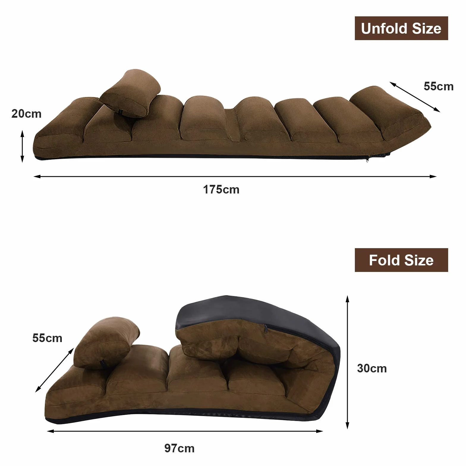 LIFEZEAL Sofa podłogowa składana, leżak bujany, regulowany w 5 pozycjach, krzesło podłogowe, fotel podłogowy z poduszkami, maksymalna nośność 105 kg (kawowa)