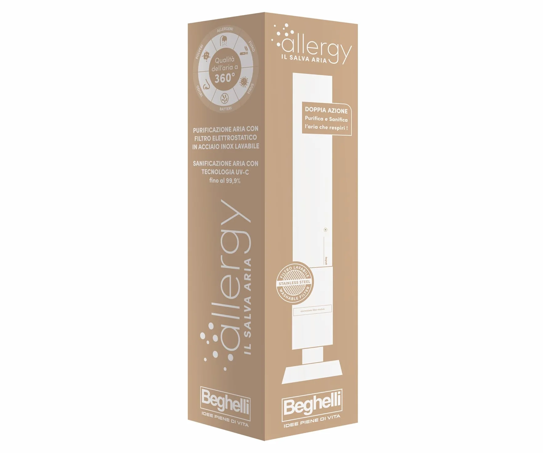 Beghelli Allergy oczyszczacz powietrza z technologią UV-C i elektrostatycznym systemem filtracji ze stali nierdzewnej, usuwa kurz, pyłki, pleśń, alergeny, dym, zapachy, bakterie, wirusy