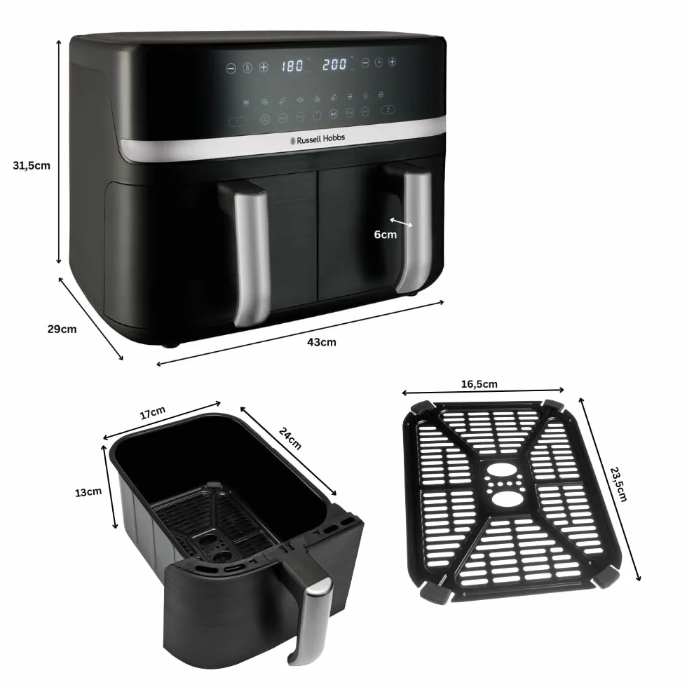 Russell Hobbs Frytkownica beztłuszczowa 9L Air Fryer [dwie komory/strefy, 9 programów] Satisfry (szuflady można myć w zmywarce, maks. 200℃, niski poziom hałasu, pieczenie bez oleju, 2800W) 27681-56