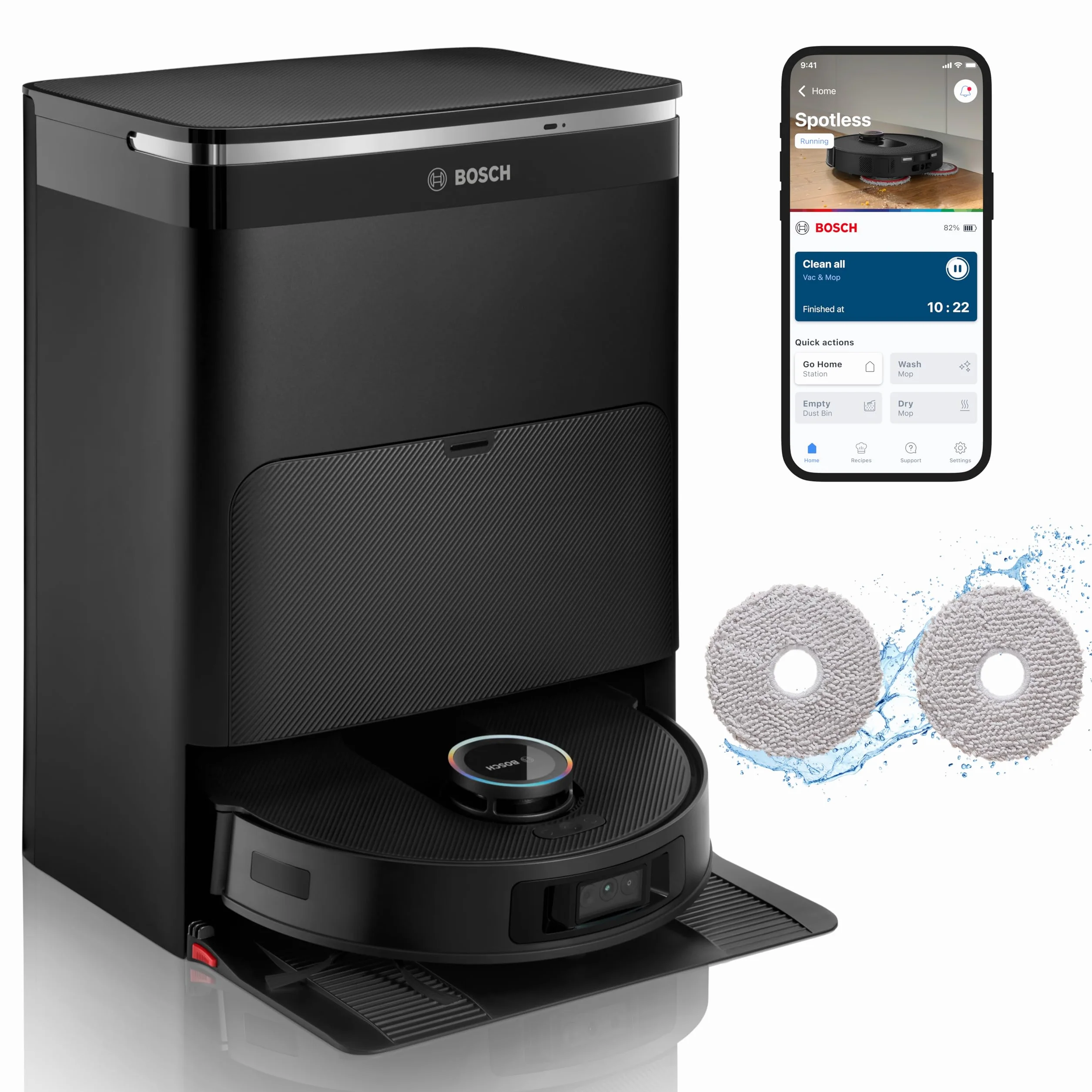 Bosch Spotless Max Cam Robot sprzątający, moc ssania 11000Pa, stacja czyszcząca, Smart Vision, Home Connect, czarny