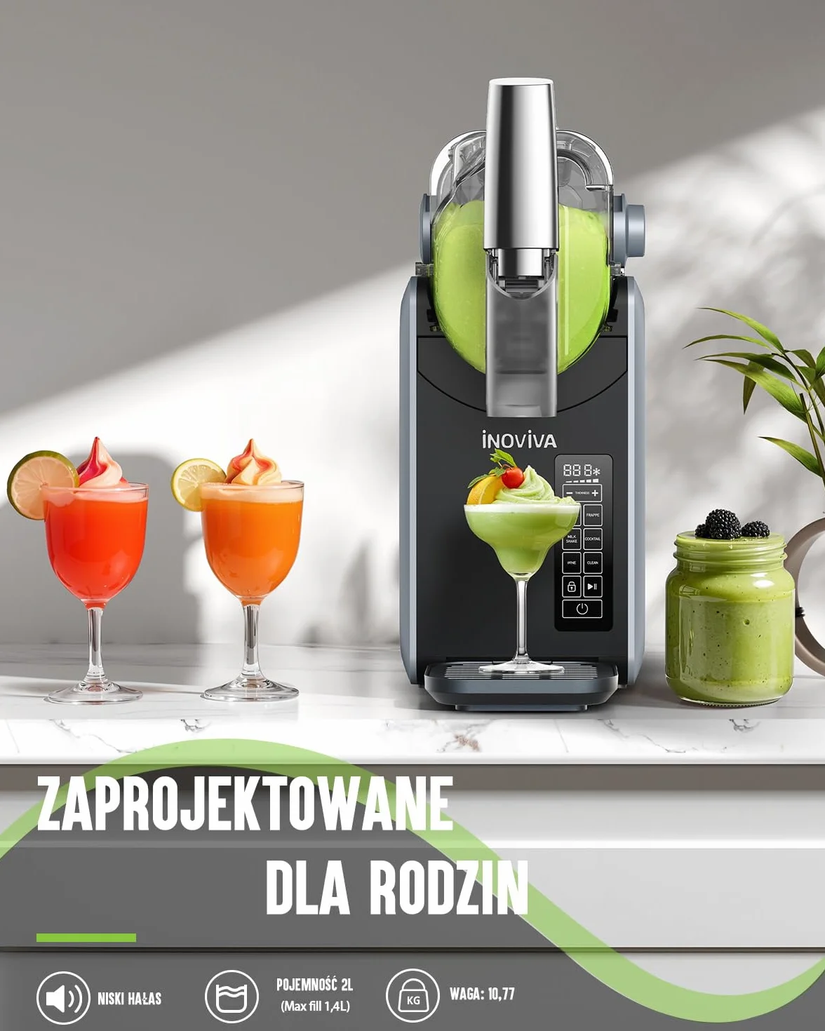 INOVIVA Slushie Machine, 2 l, No Ice Needed, samoczyszcząca, 5 wstępnie ustawionych programów, mrożone lody kruszone, margarity, frappé i koktajle mleczne (wersja S1.2)