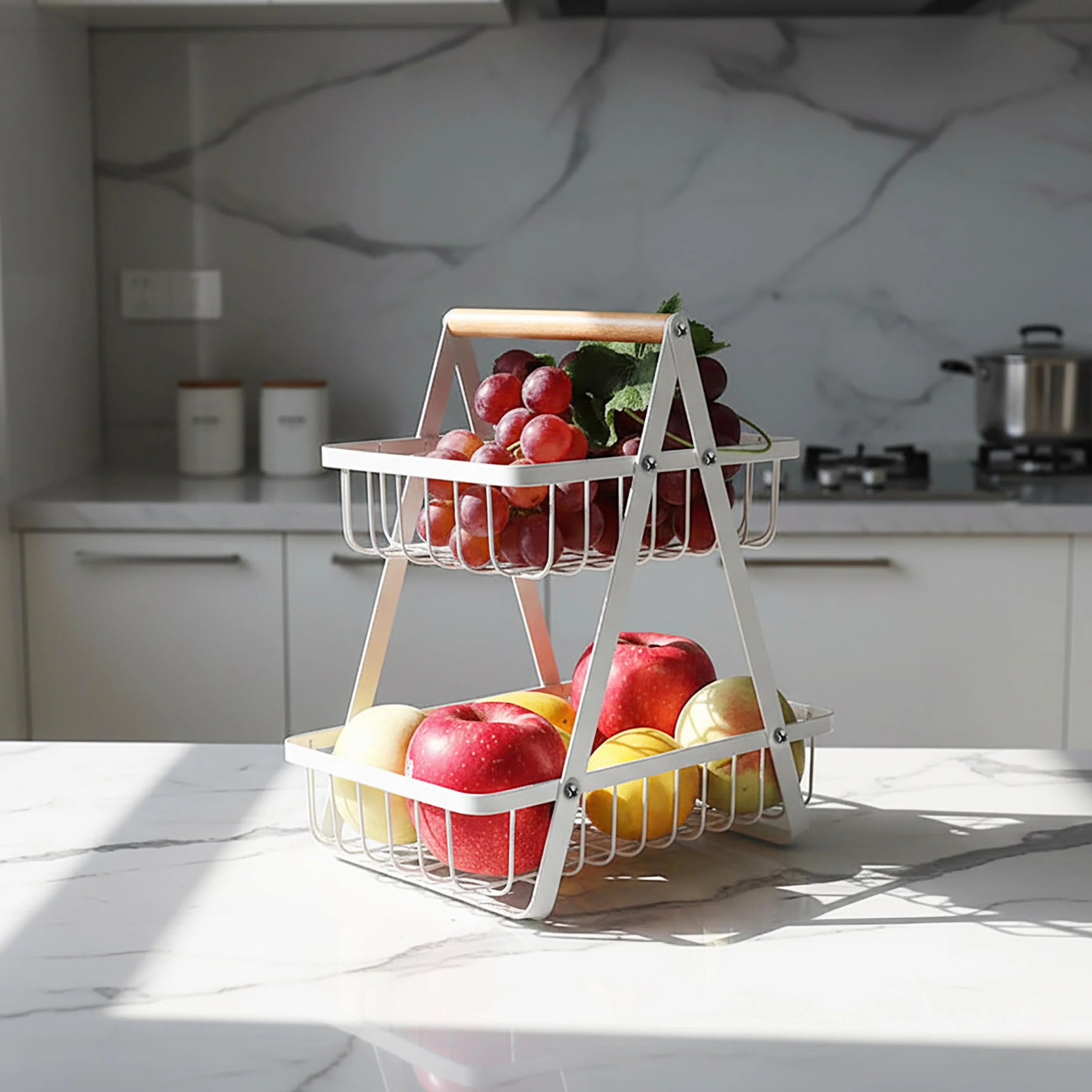 Relaxdays Miska na owoce, 2-poziomowa, metalowa, drewniana rączka, wys. x szer. x gł.: 34 x 26 x 17 cm, owoce i warzywa, otwarta konstrukcja, biała