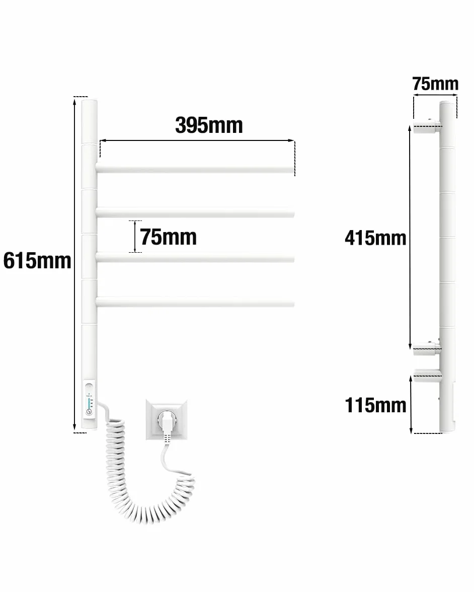 ELNA® Grzejnik łazienkowy elektryczny biały połysk RAL 9003 62x40 cm, 57W – Suszarka na ręczniki ze stali nierdzewnej 304 z timerem i termostatem, IP44 – 4 ramion obrotowych 180°, montaż na ścianie