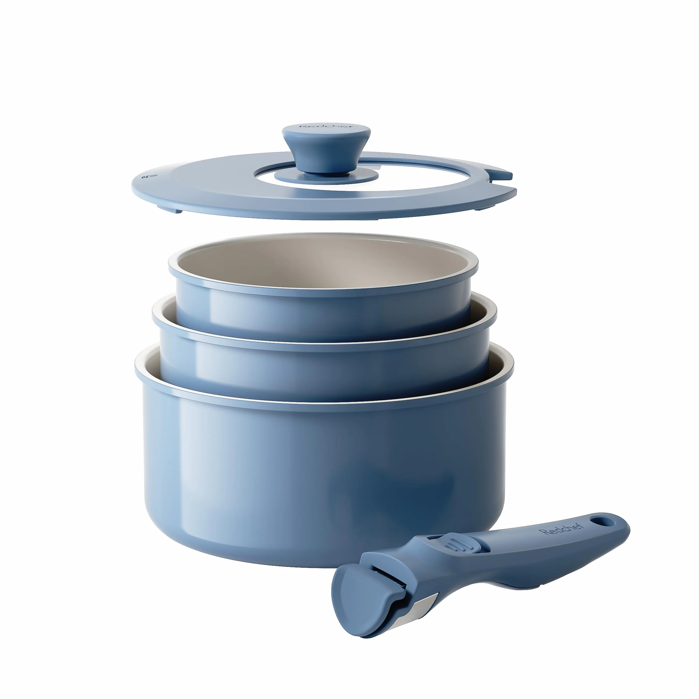 Redchef Zestaw garnków z odpinanym uchwytem, zestaw garnków z antyhaftową powłoką ceramiczną 16/18/20 cm i 3-w-1 zamknięciem, garnki indukcyjne do wszystkich rodzajów kuchenek, odporne na piekarnik