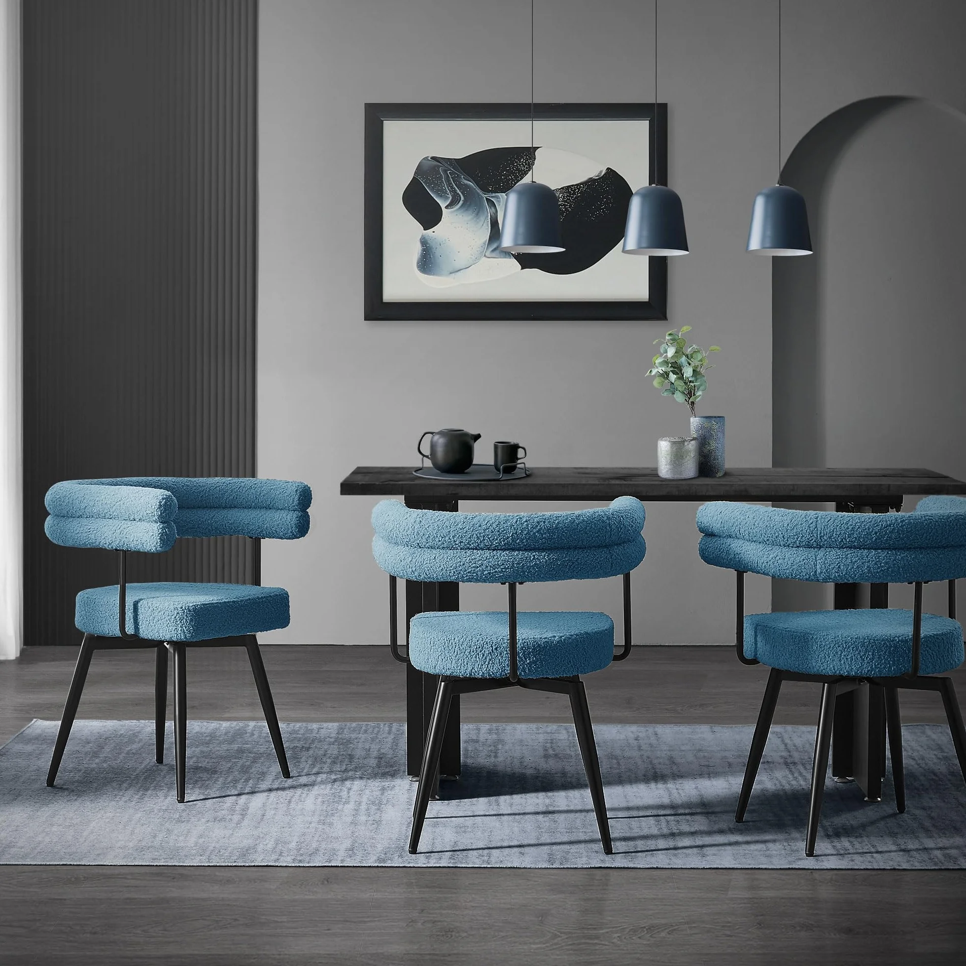 ML-Design Krzesla do salonu i jadalni obrotowe 360 stopni zestaw 4 szt niebieski Teddy tapicerowane z podlokietnikami ergonomiczne metalowe nogi komfortowe siedzisko do stolu kuchni styl nowoczesny
