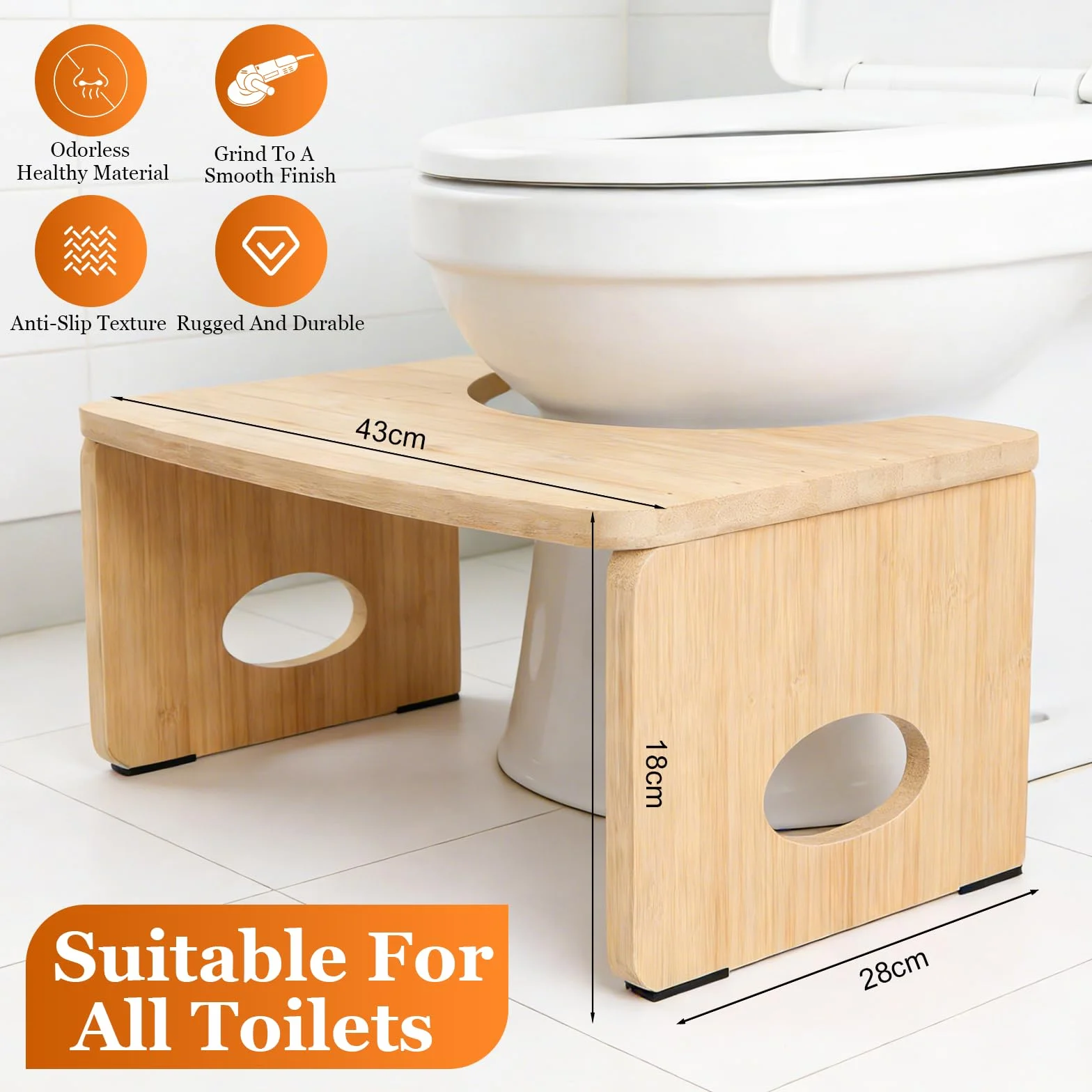 FlexStep Klapp-Toilettenhocker 18 cm | 150 kg FSC-Bambus | 6 cm flach gefaltet | Anti-Rutsch-Pads & Griffloch | Platzsparender WC-Hocker – Caramel Beige