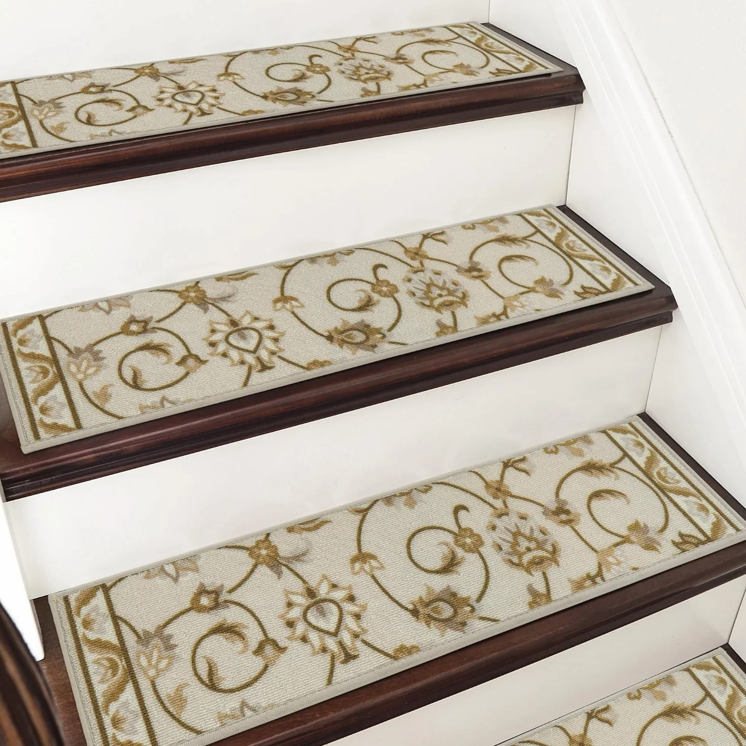 COSY HOMEER Maty na schody, 70x22cm, samoprzylepne maty na stopnie z eleganckim wzorem, pralne w pralce, 100% poliester, odwrotna strona z TPE, 4 sztuki, kwiatowy pnącz